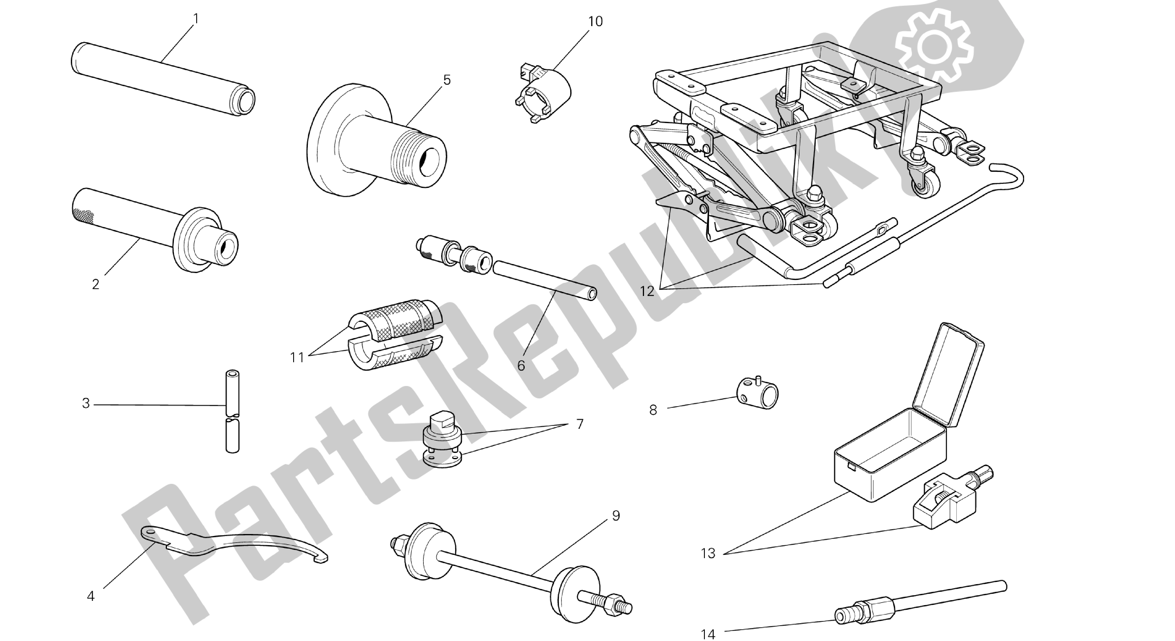 Tutte le parti per il Disegno 01a - Strumenti Di Lavoro Per Officina, Cornice [mod: M1100dsl; Xst: Aus, Chn, Eur, Jap] Strumenti Di Gruppo del Ducati Monster 1100 2013