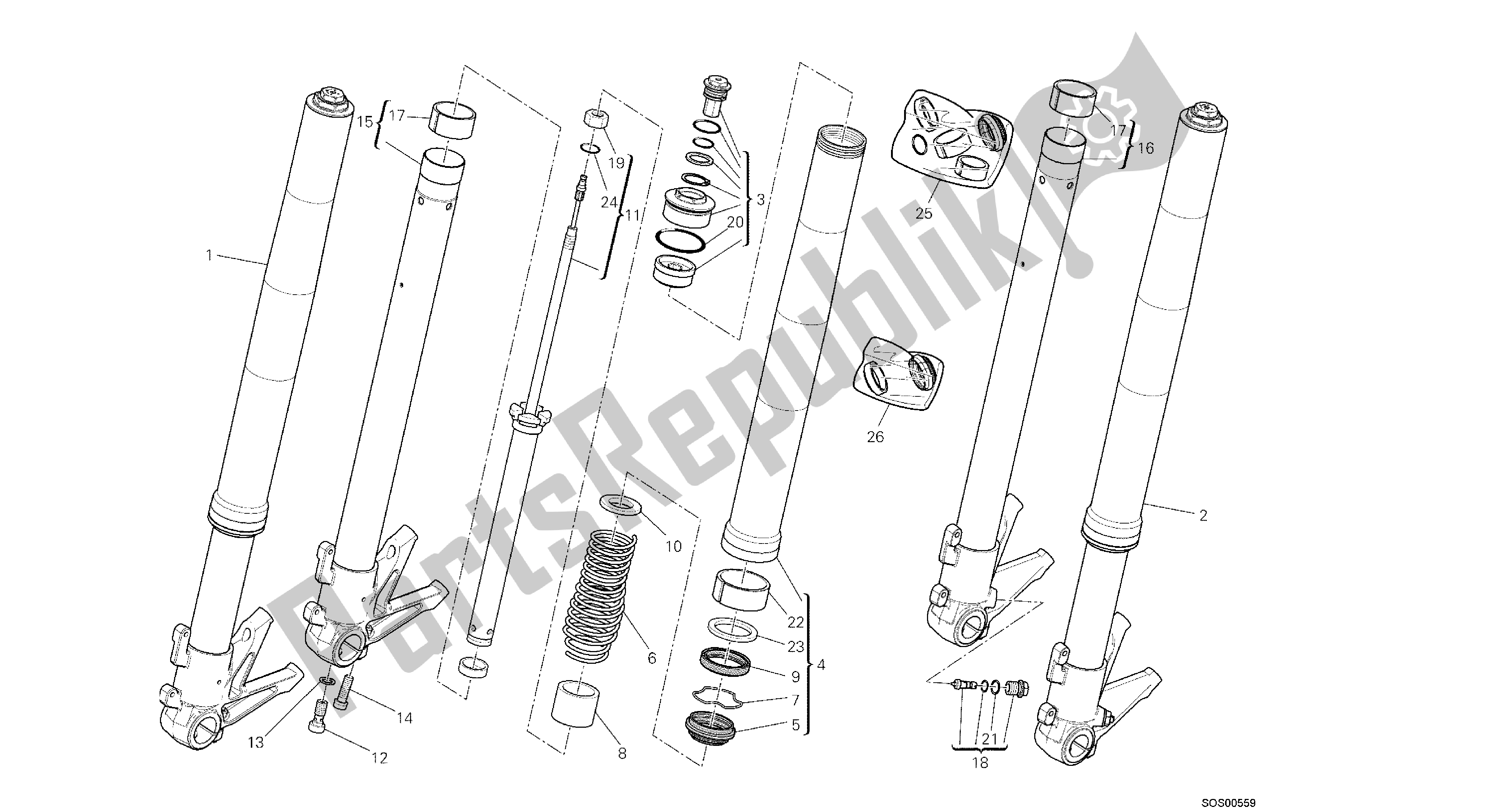 Tutte le parti per il Disegno 024 - Forcella Anteriore [mod: M1100dsl; Xst: Aus, Eur, Jap] Group Fr Ame del Ducati Monster 1100 2013