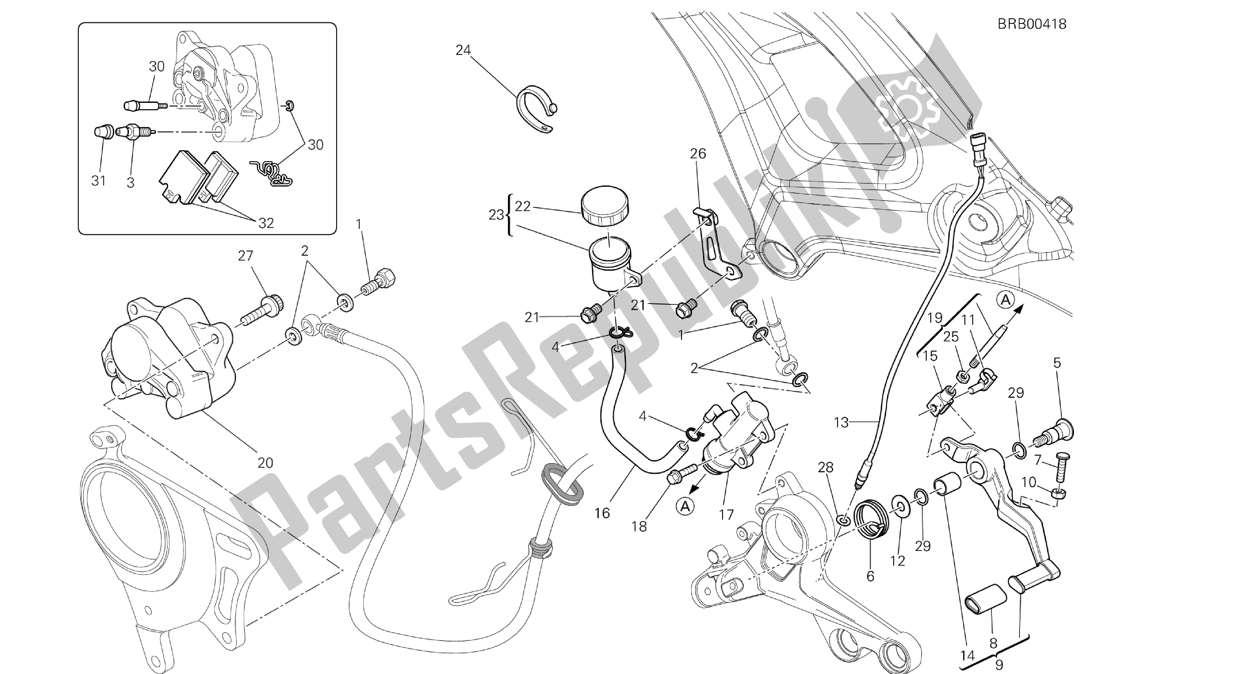 Tutte le parti per il Disegno 029 - Sistema Frenante Posteriore [mod: M1100dsl; Xst: Aus, Chn, Eur, Jap] Group Fr Ame del Ducati Monster 1100 2013