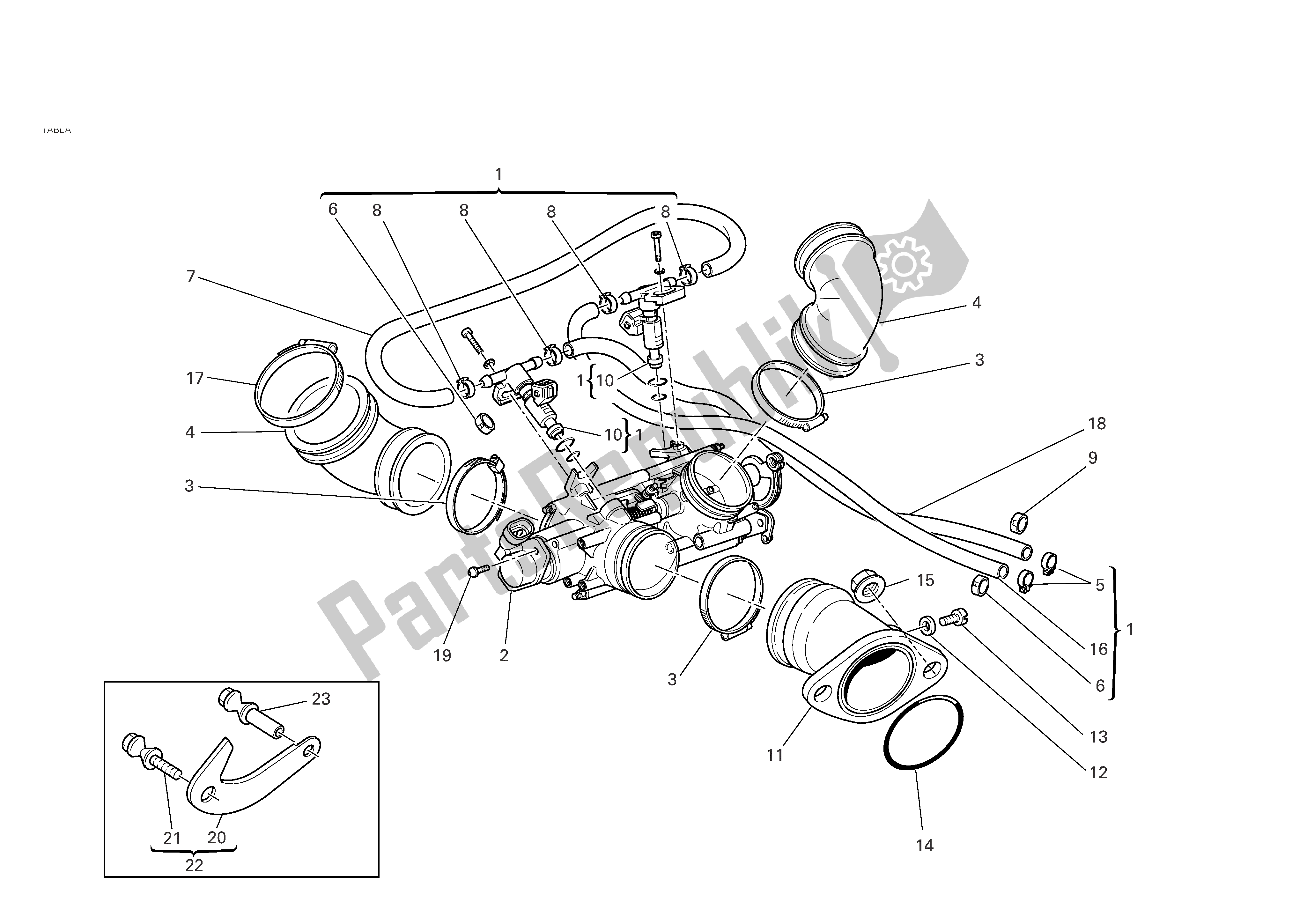 Alle onderdelen voor de Inlaatspruitstukken van de Ducati Monster S2R 800 2005