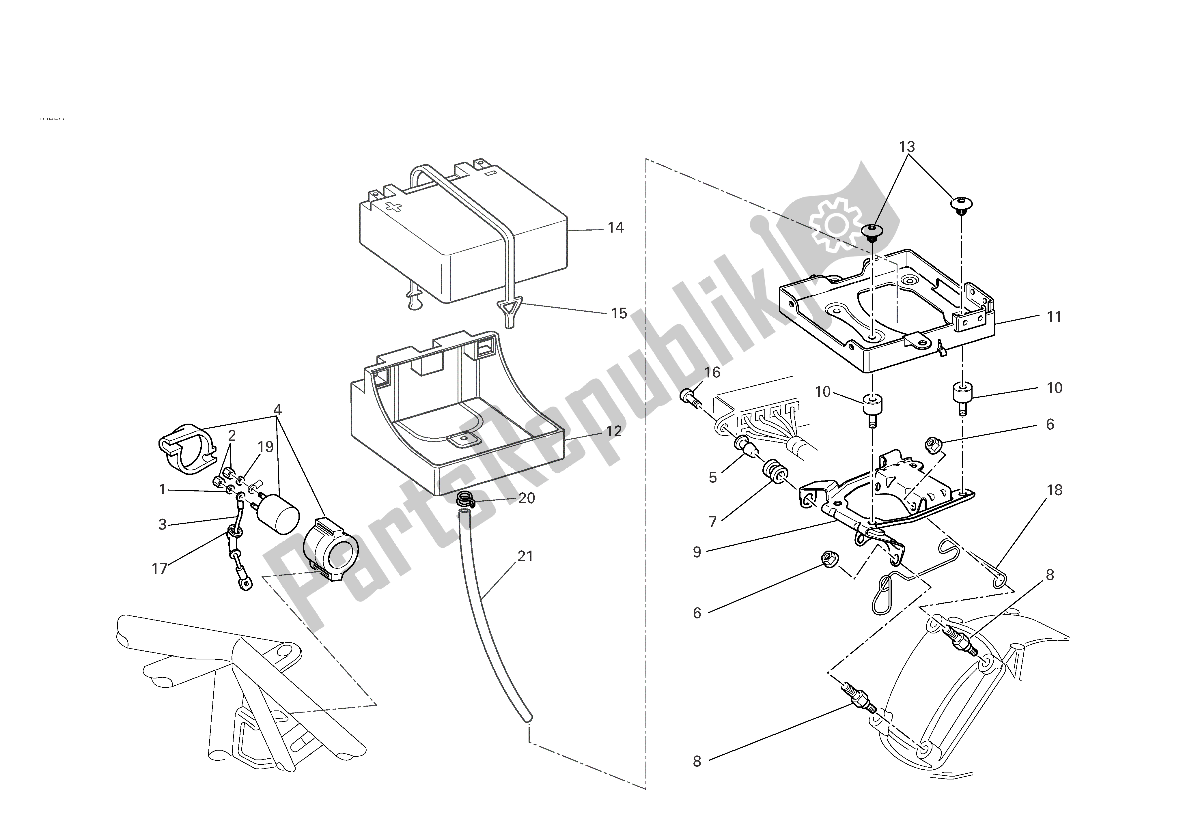 Alle onderdelen voor de Batterij Ondersteuning van de Ducati Monster S2R 1000 2008