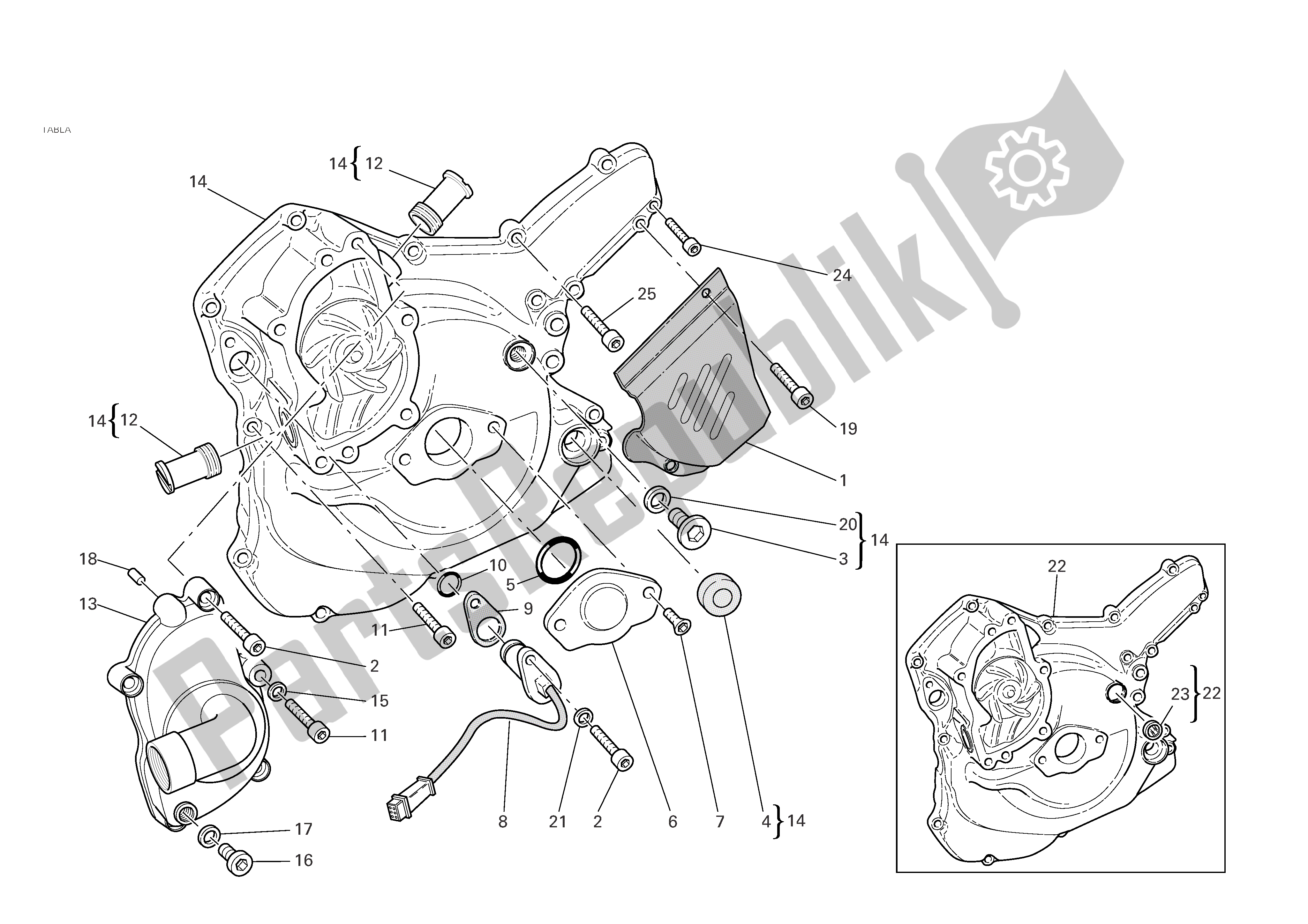 Alle onderdelen voor de Waterpomp -alternator Deksel van de Ducati Monster S4R 996 2004