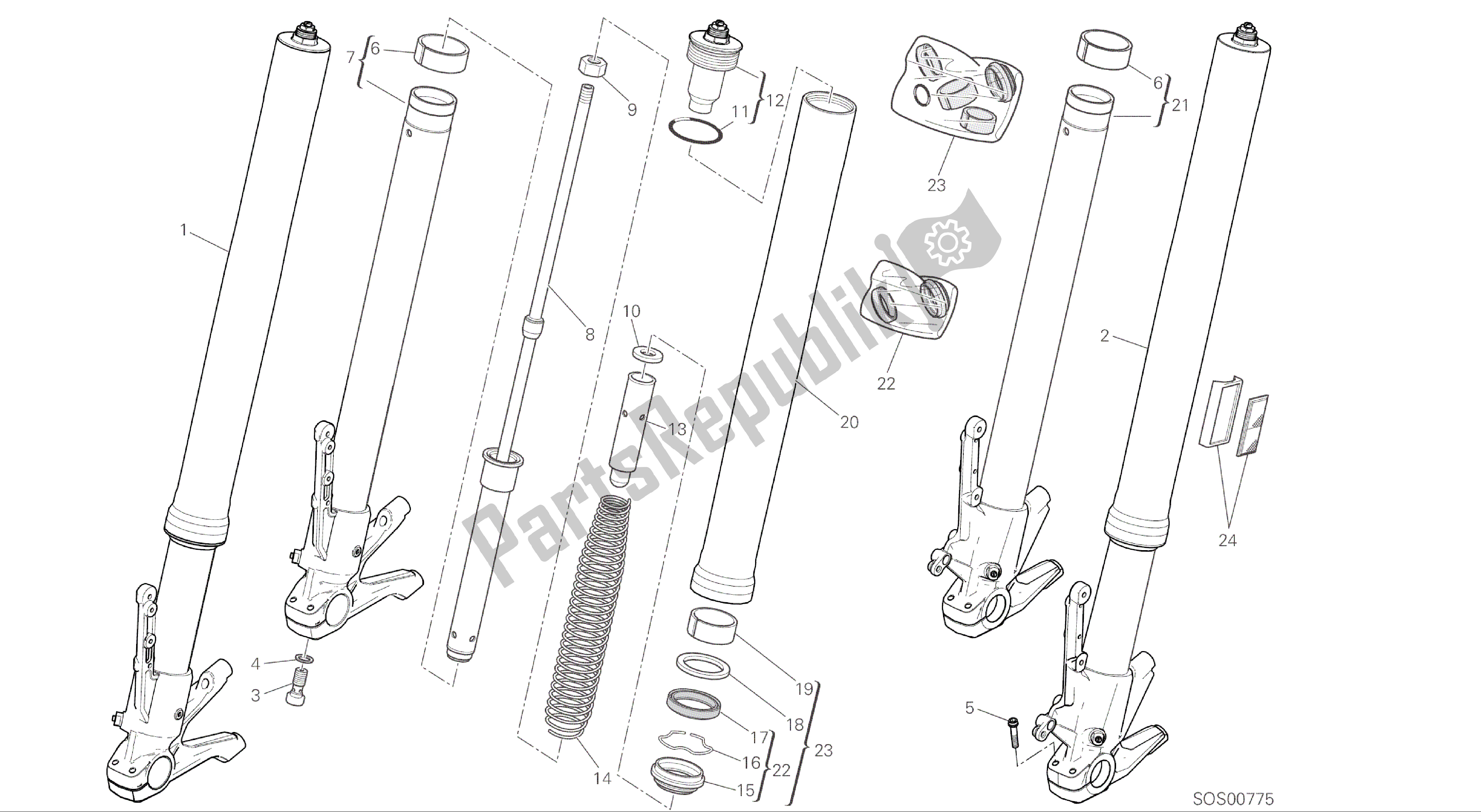 Alle onderdelen voor de Tekening 21a - Voorvork [mod: Ms1200; Xst: Aus, Eur, Fra, Jap] Groepsframe van de Ducati Multistrada 1200 2015