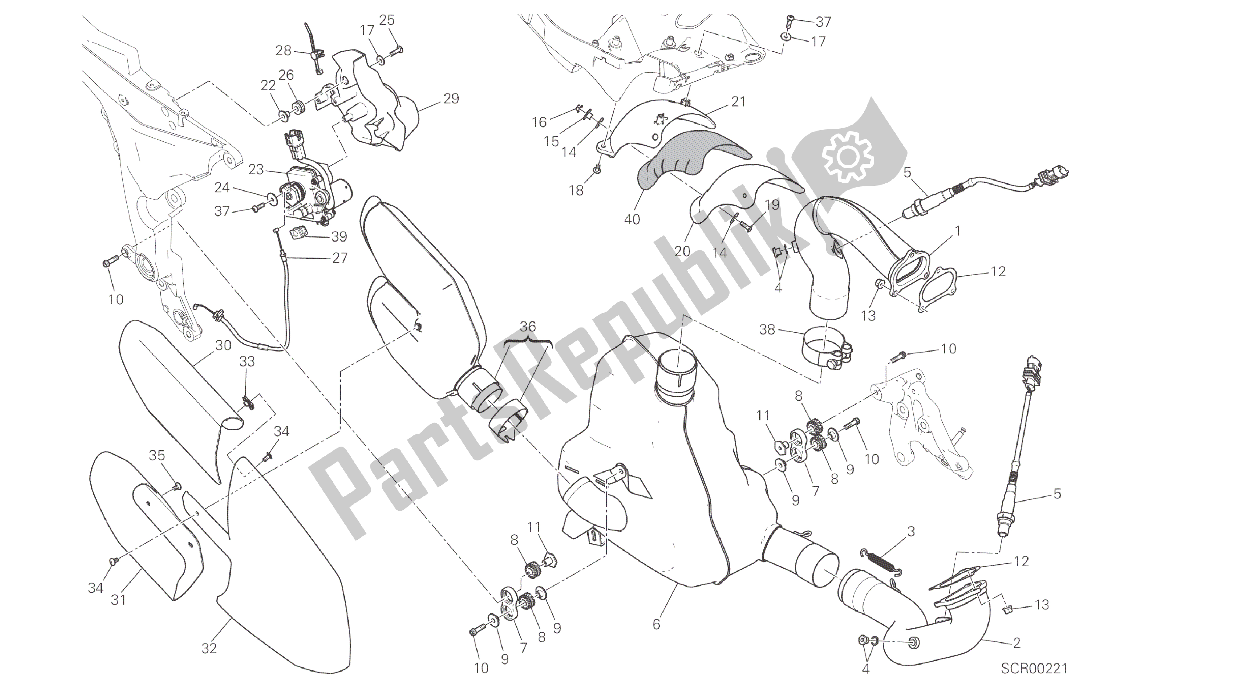 Tutte le parti per il Disegno 019 - Impianto Di Scarico [mod: Ms1200; Xst: Aus, Eur, Fra, Jap] Gruppo Telaio del Ducati Multistrada 1200 2015