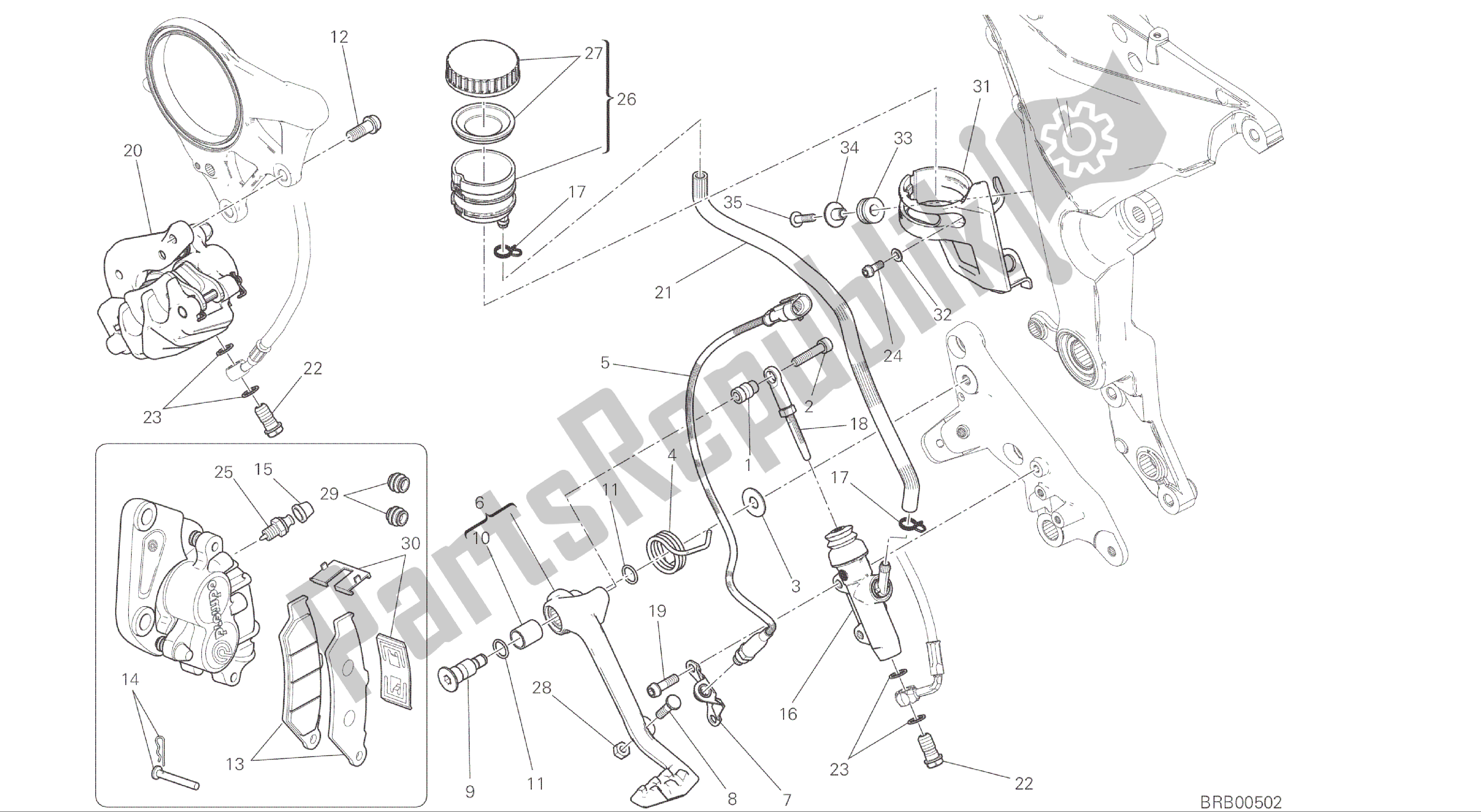 Alle onderdelen voor de Tekening 025 - Achterremsysteem [mod: Ms1200; Xst: Aus, Eur, Fra, Jap] Groepsframe van de Ducati Multistrada 1200 2015