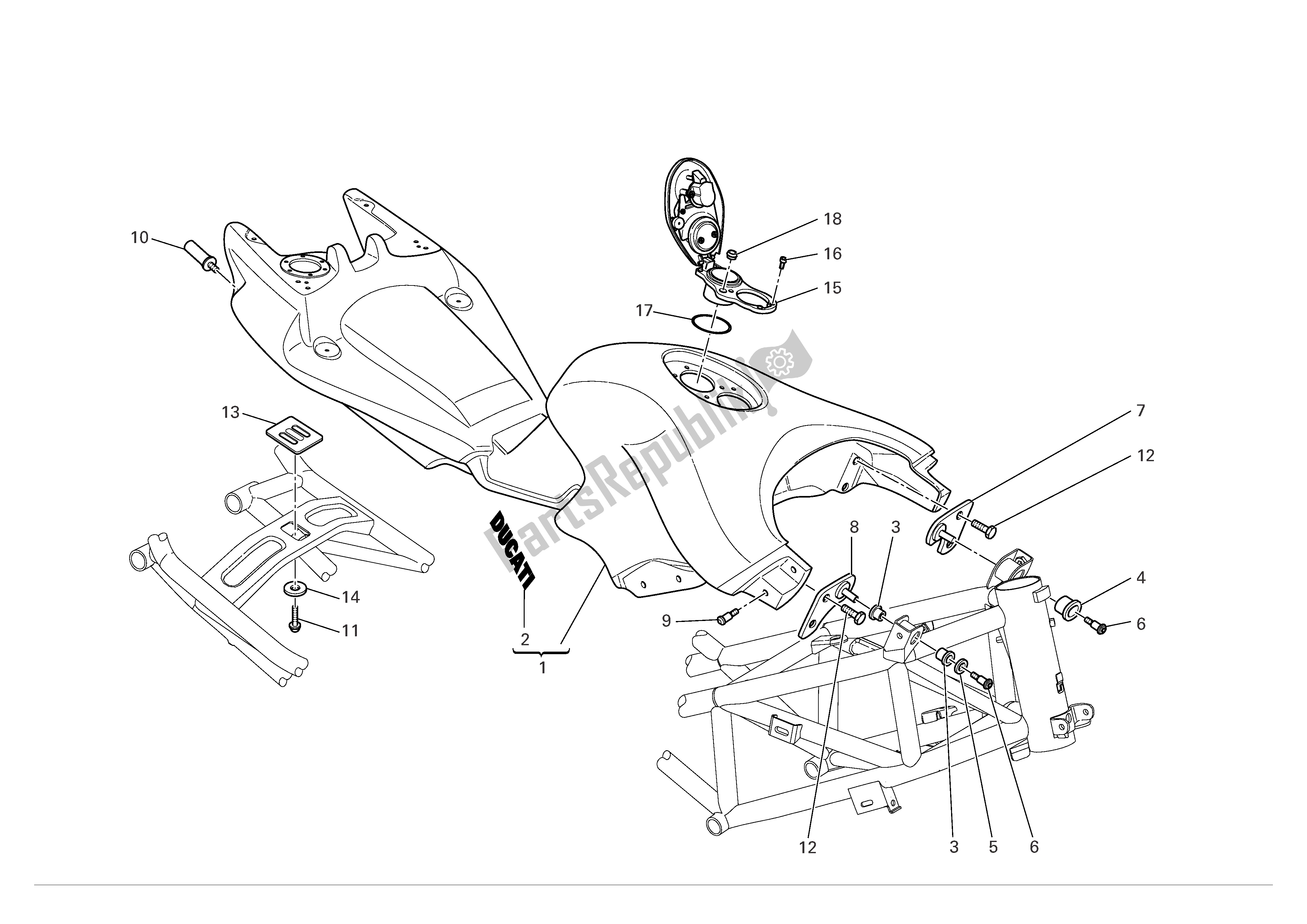 All parts for the Fuel Tank of the Ducati Multistrada 1000 2004