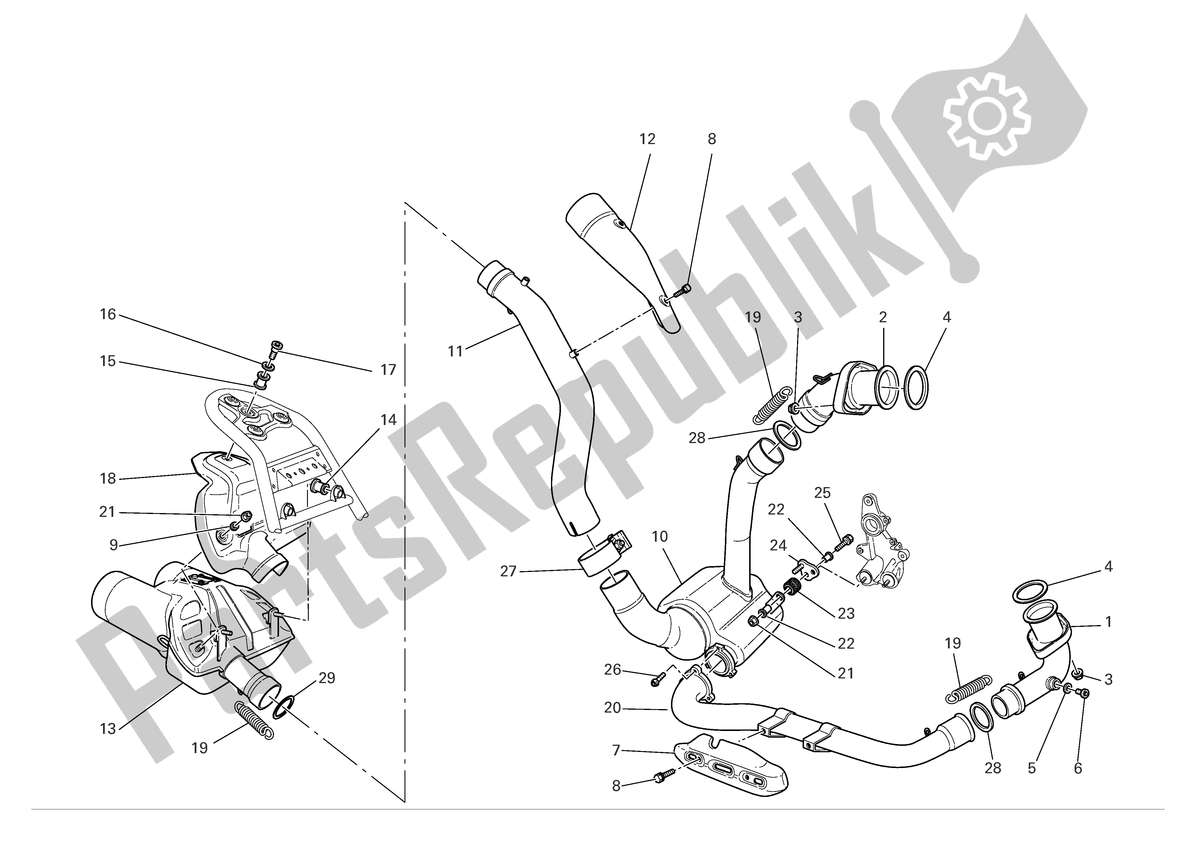 All parts for the Exhaust System of the Ducati Multistrada 1000 2004