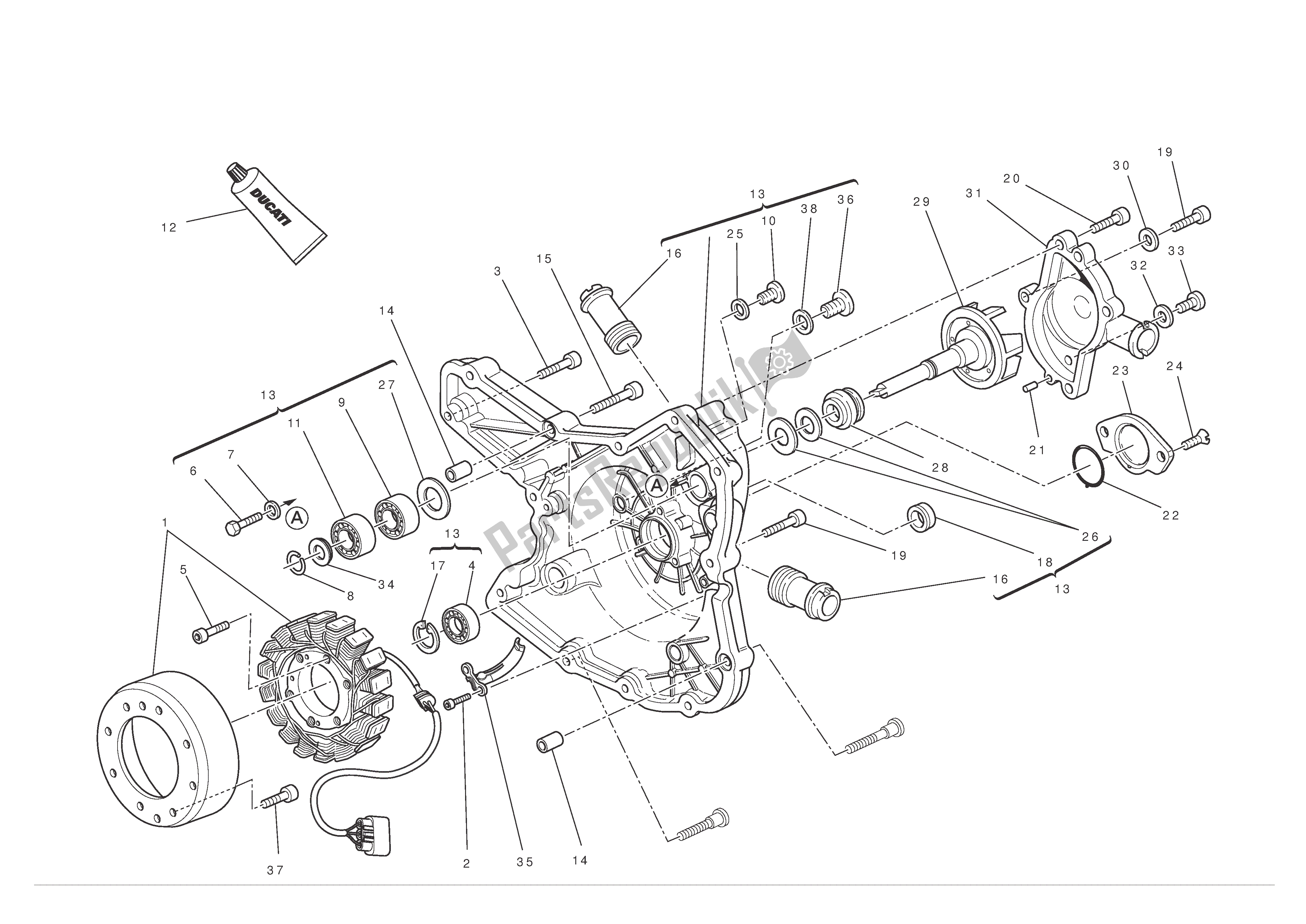 Alle onderdelen voor de Waterpomp-alt-zijde Carterdeksel van de Ducati Multistrada S ABS 1200 2010