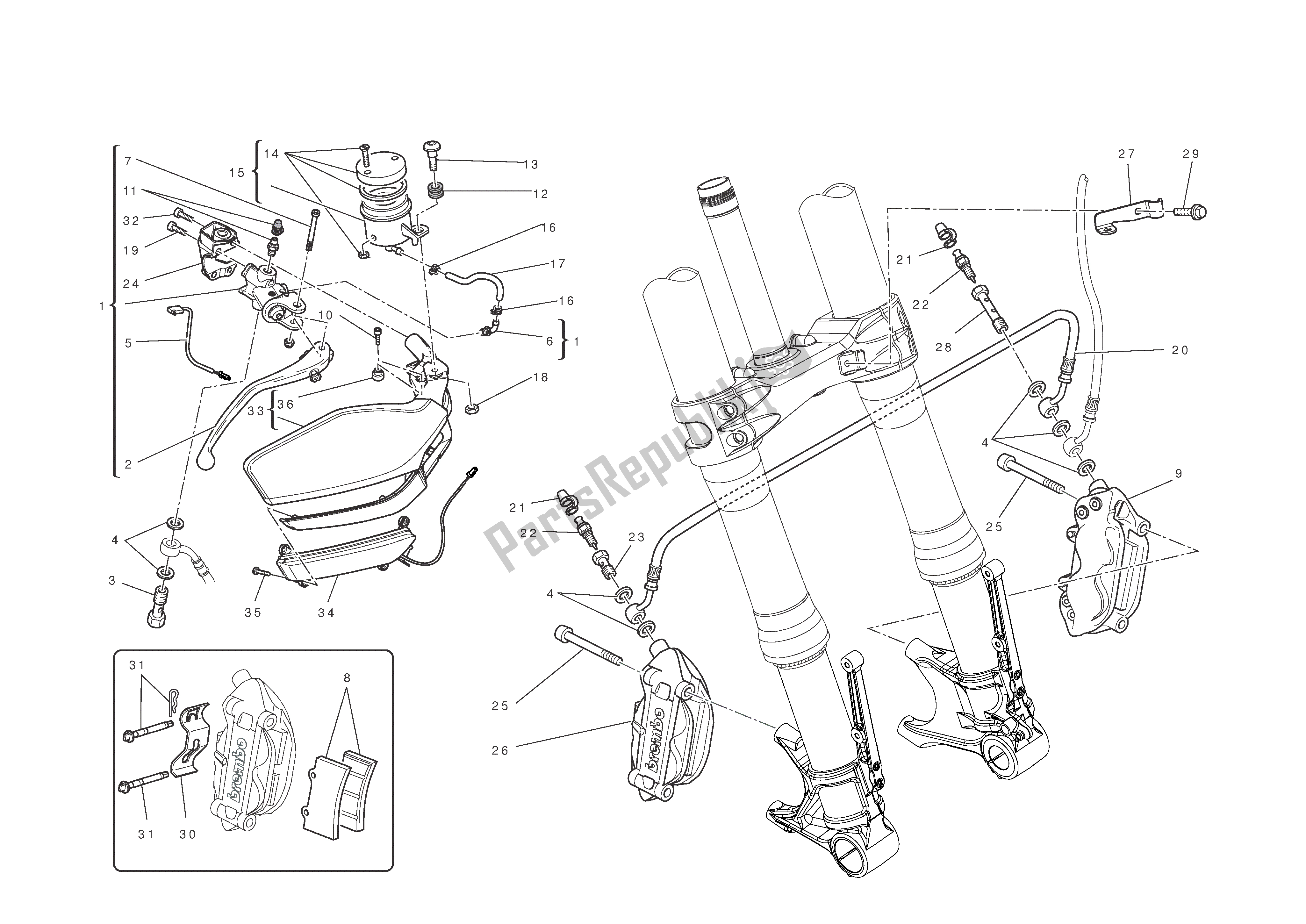 Alle onderdelen voor de Voor Rem van de Ducati Multistrada T ABS 1200 2010