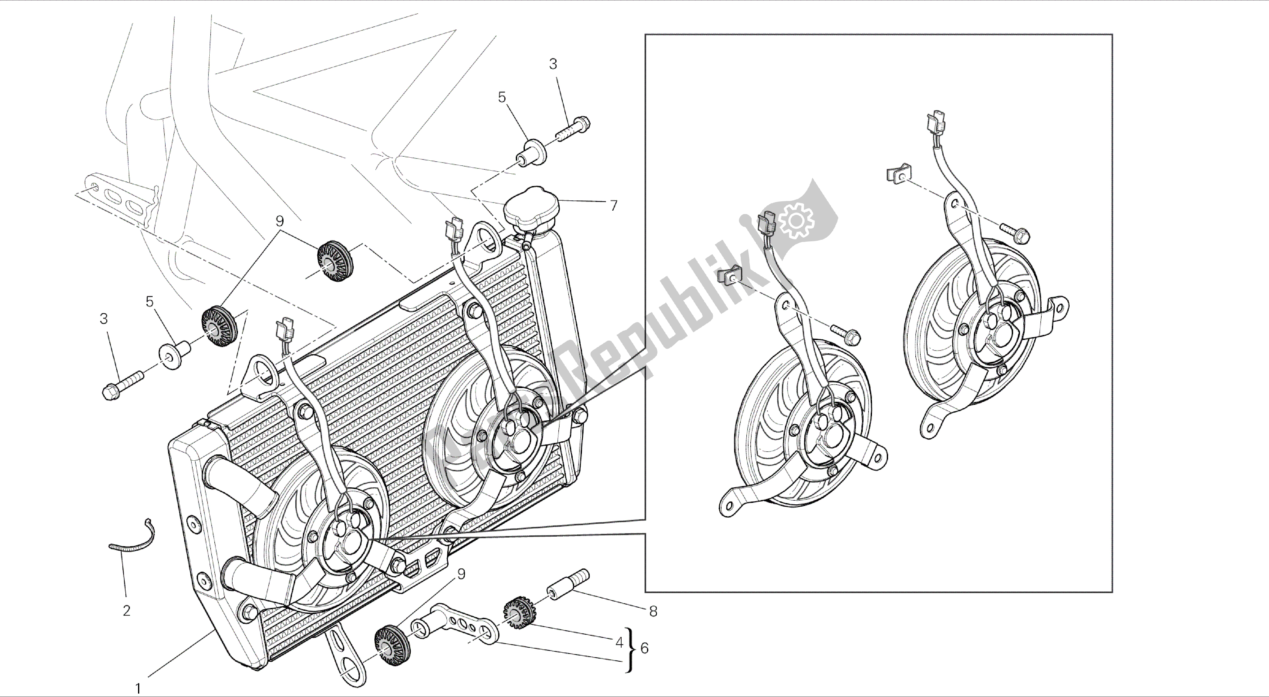 Alle onderdelen voor de Tekening 030 - Waterkoeler [mod: Ms1200-a; Xst: Tha] Groepsframe van de Ducati Multistrada 1200 2014