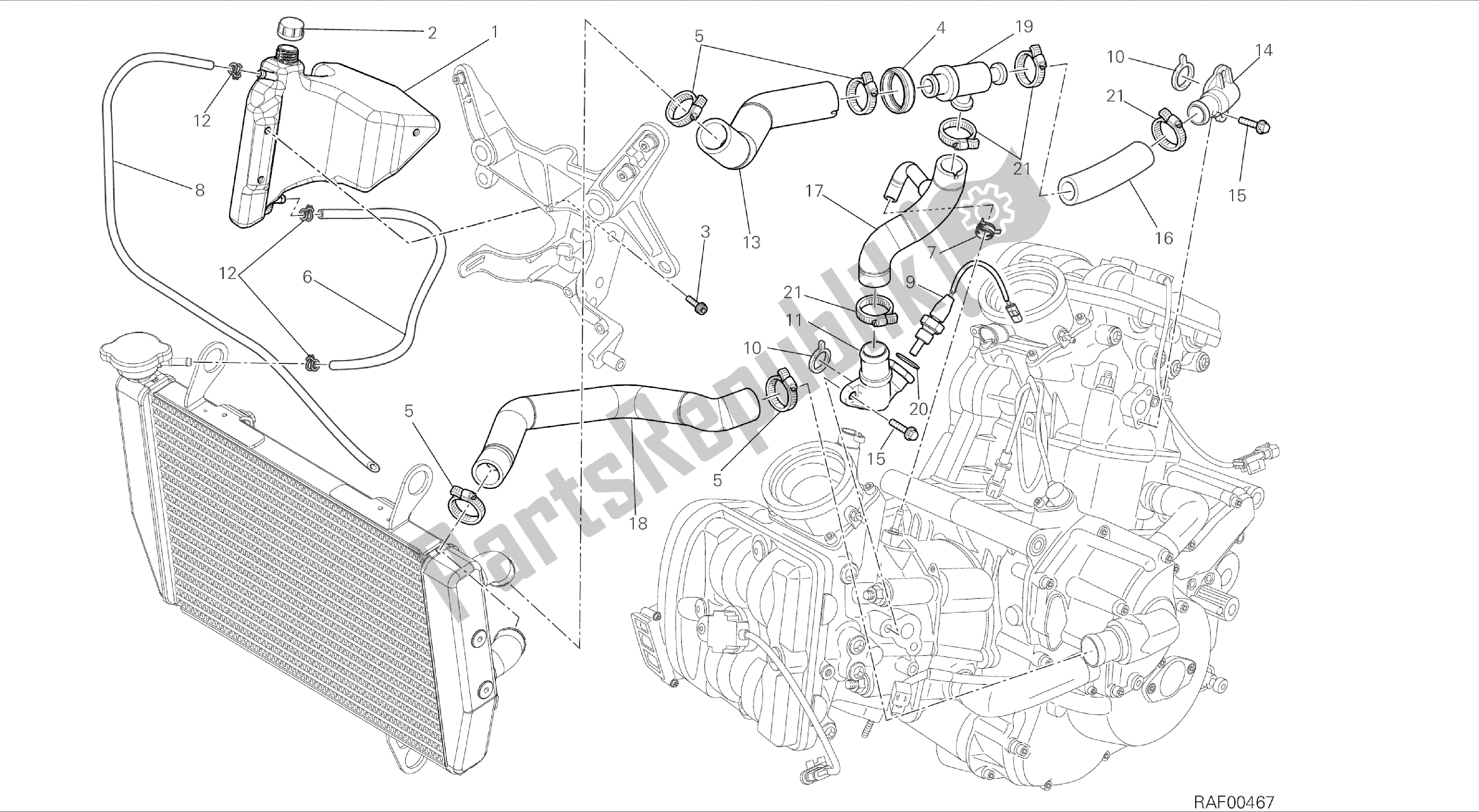 All parts for the Drawing 031 - Cooling Circuit [mod:ms1200-a;xst:aus,eur,fra,tha]group Frame of the Ducati Multistrada 1200 2014