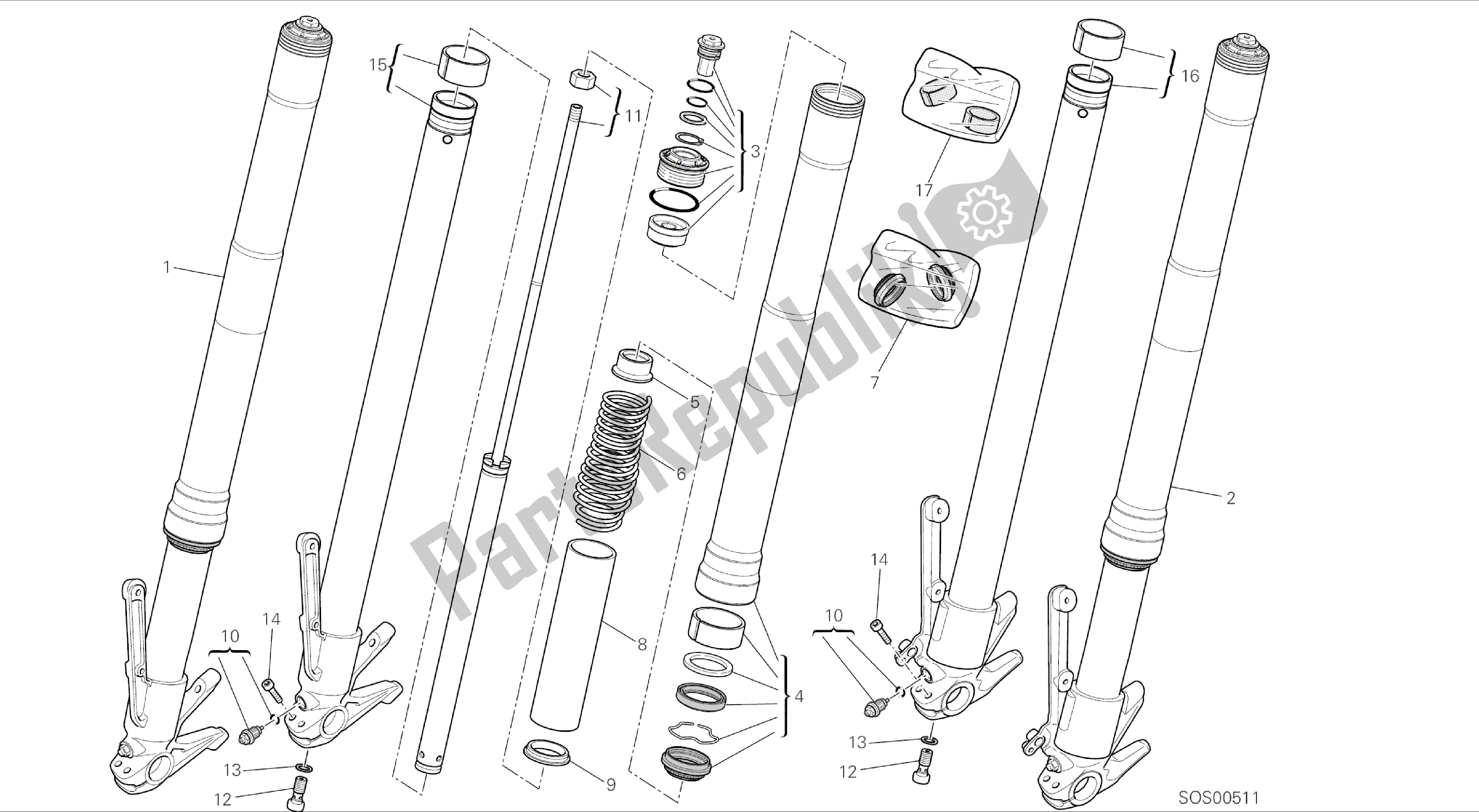 Alle onderdelen voor de Tekening 21a - Voorvork [mod: Ms1200-a; Xst: Aus, Eur, Fra, Tha] Groepsframe van de Ducati Multistrada 1200 2014