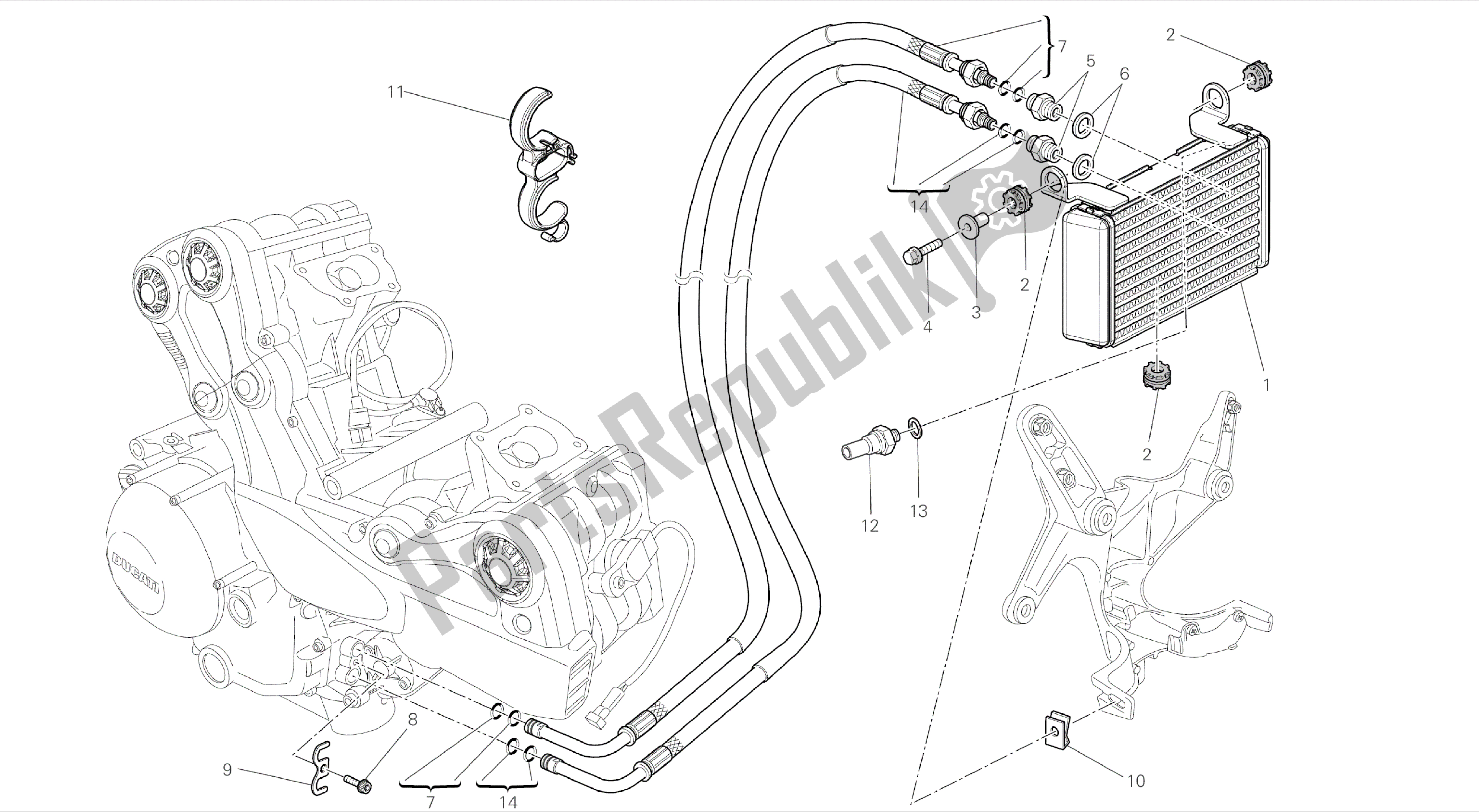 Tutte le parti per il Disegno 016 - Radiatore Olio [mod: Ms1200-a; Xst: Aus, Eur, Fra, Tha] Gruppo Motore del Ducati Multistrada 1200 2014