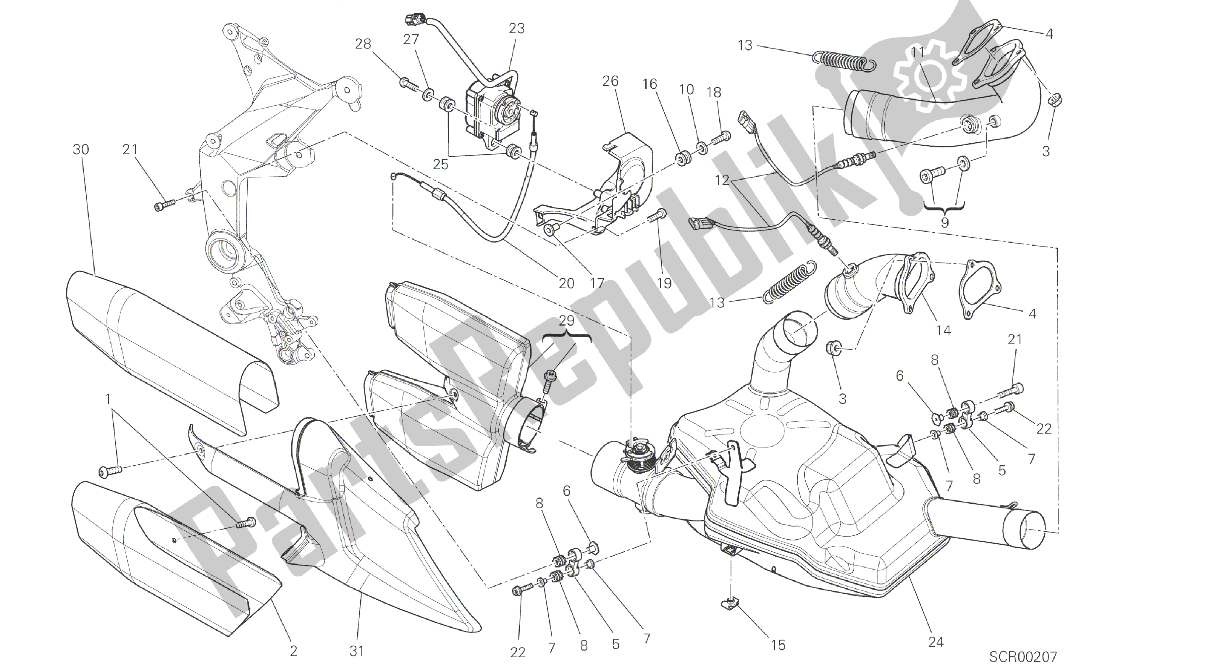 Todas las partes para Dibujo 019 - Sistema De Escape [mod: Ms1200-a; Xst: Marco De Grupo Aus, Eur, Fra, Tha] de Ducati Multistrada 1200 2014