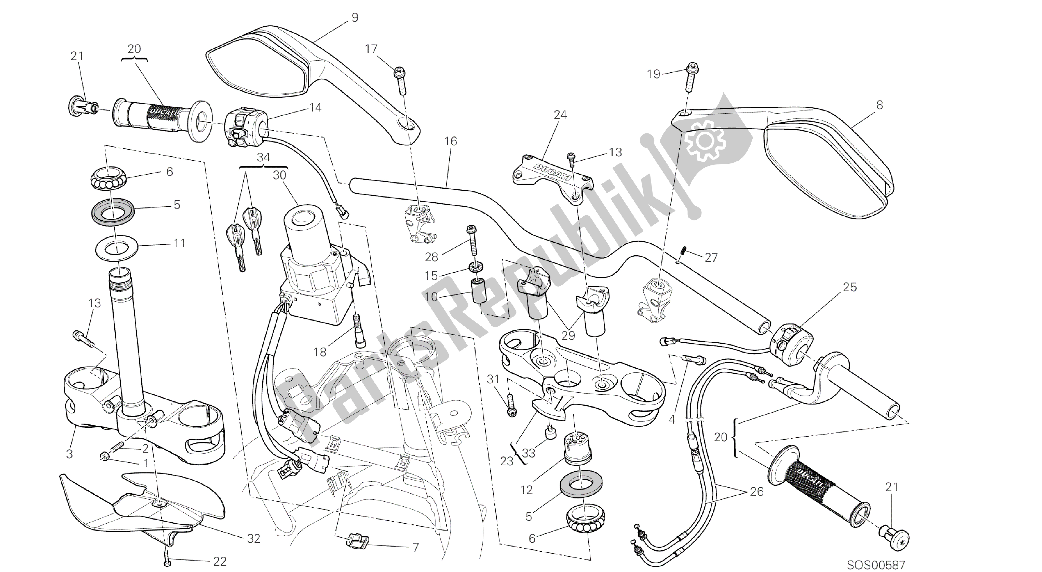 Toutes les pièces pour le Dessin 021 - Guidon [mod: Ms1200-a; Xst: Aus, Eur, Fra, Tha] Cadre De Groupe du Ducati Multistrada 1200 2014