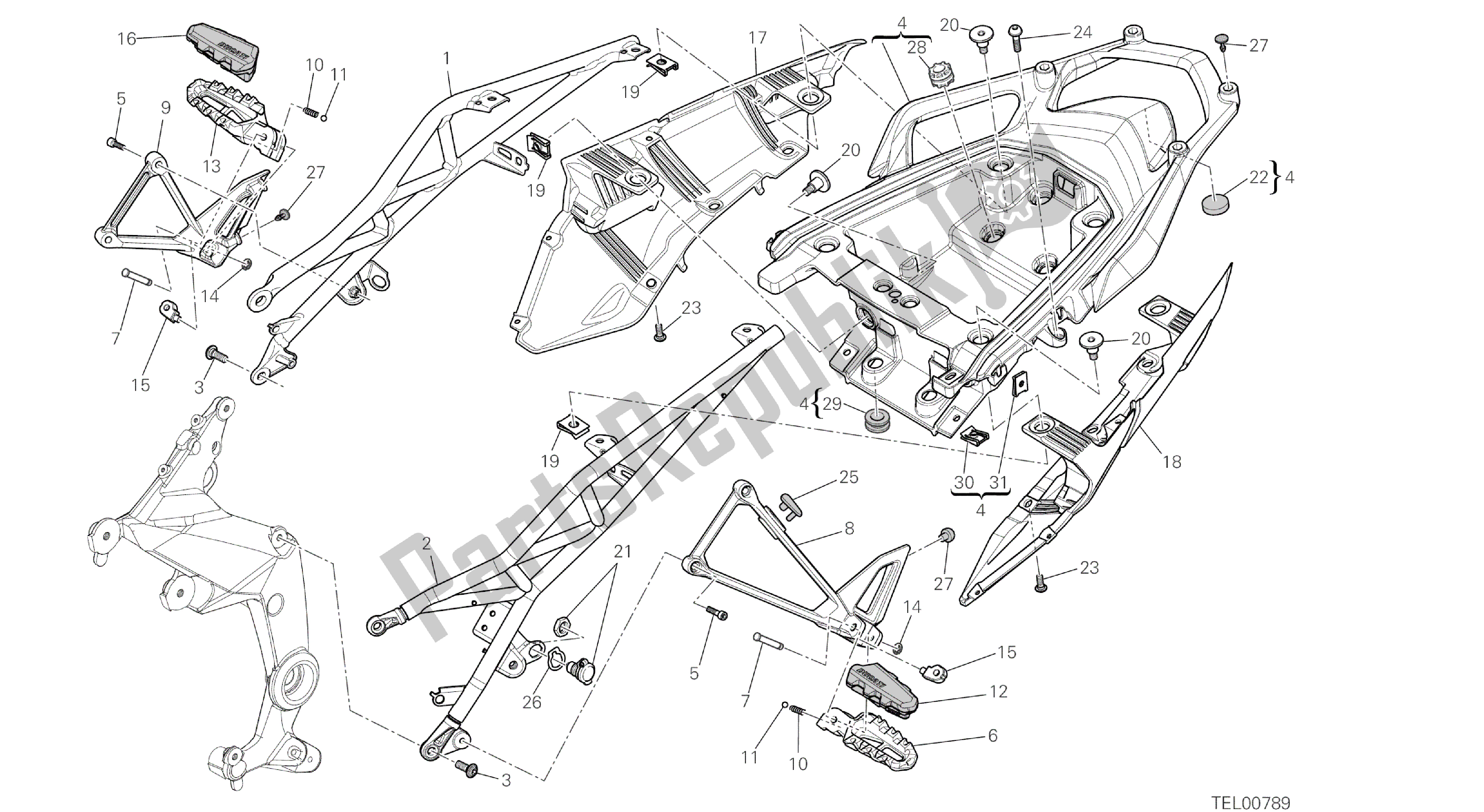 All parts for the Drawing 027 - Rear Frame Comp. [mod:ms1200pp;xst:aus,eur,fra,jap,tha]group Frame of the Ducati Multistrada S Pikes Peak 1200 2014