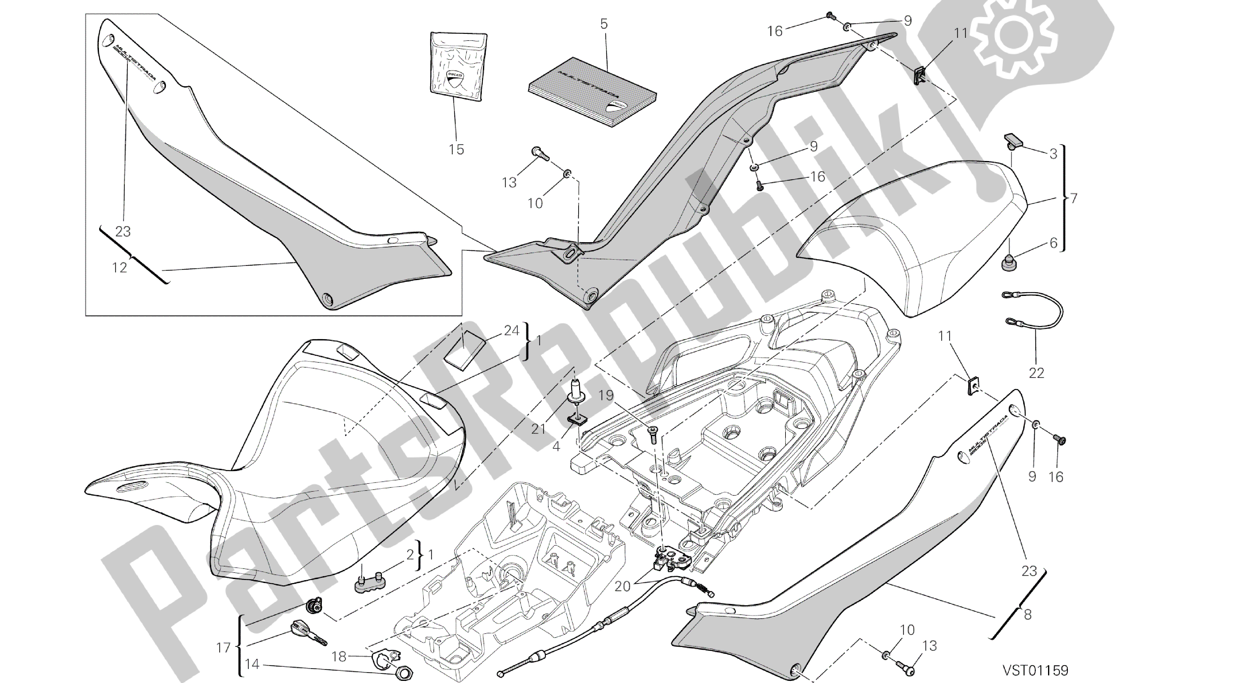 All parts for the Drawing 033 - Seat [mod:ms1200pp;xst:aus,eur,fra,jap,tha]group Frame of the Ducati Multistrada S Pikes Peak 1200 2014