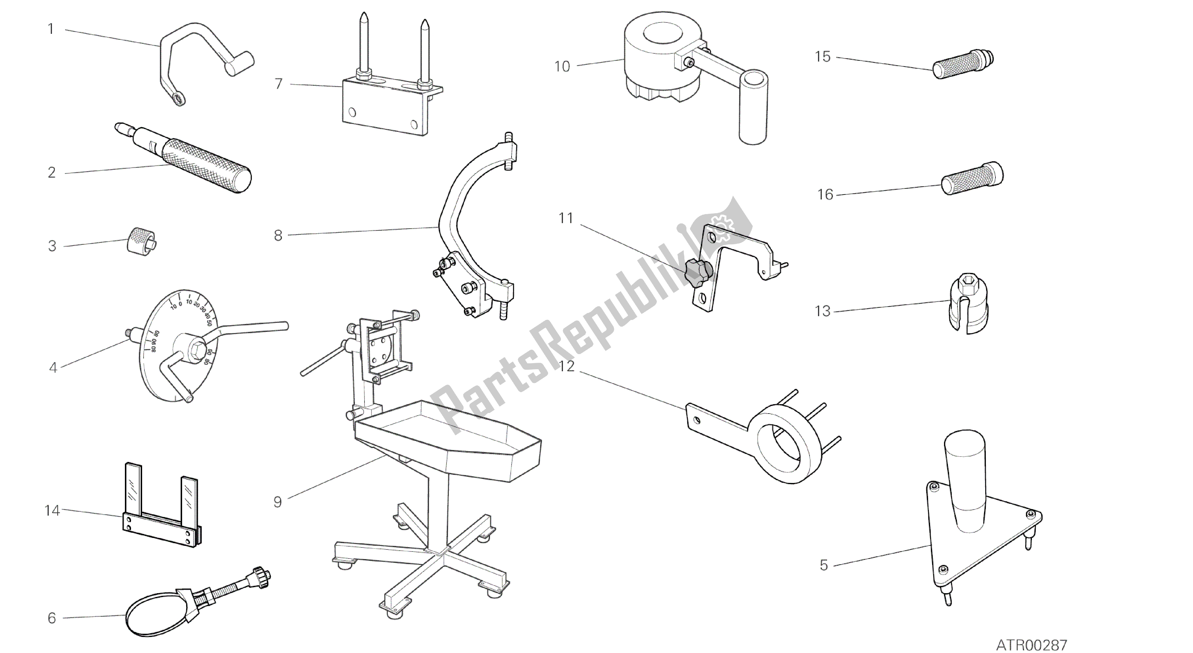 Todas las partes para Dibujo 001 - Herramientas De Servicio De Taller [mod: Ms1200pp; Xst: Aus, Eur, Fra, Jap, Tha] Herramientas De Grupo de Ducati Multistrada S Pikes Peak 1200 2014