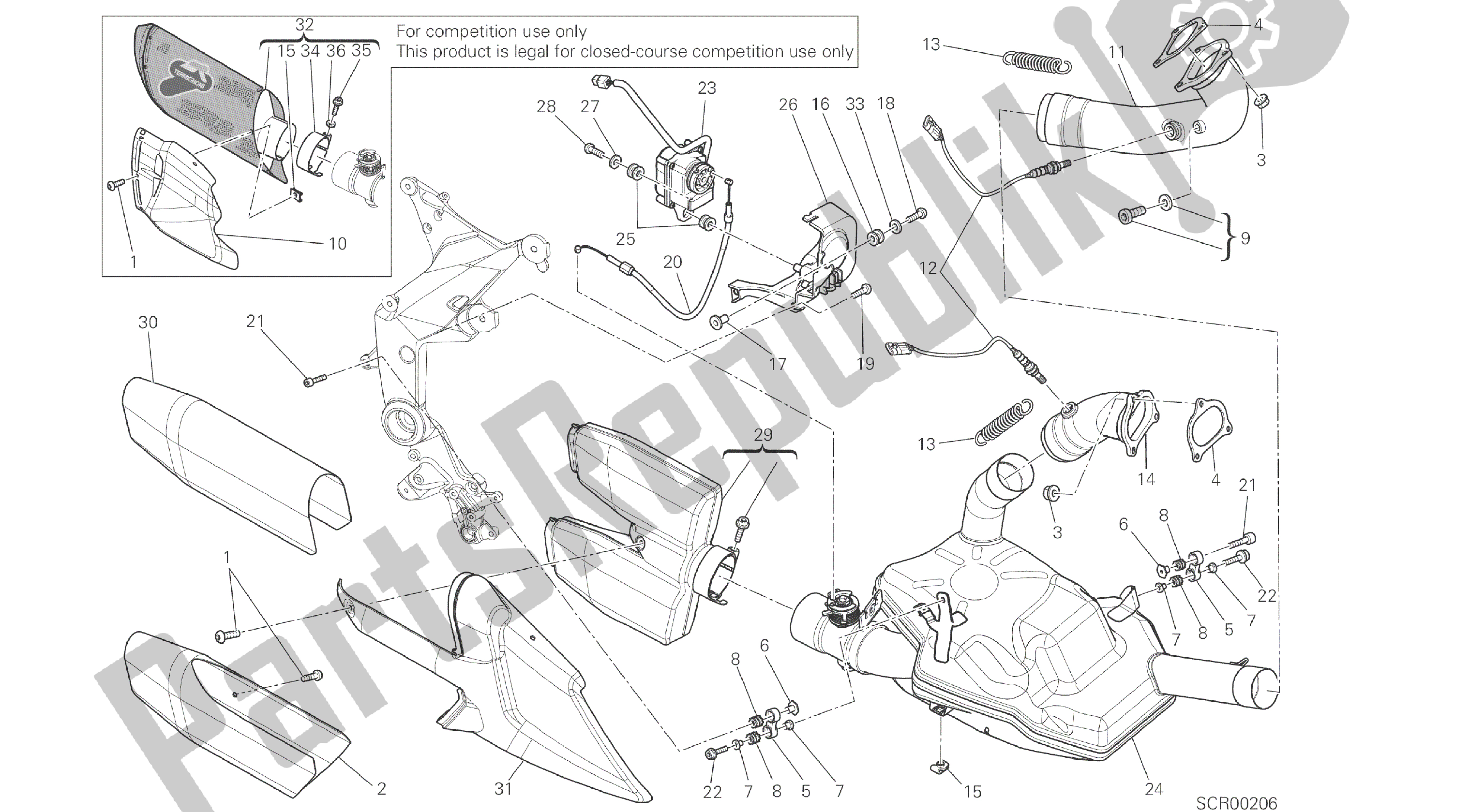 Alle onderdelen voor de Tekening 019 - Uitlaatsysteem [mod: Ms1200pp; Xst: Aus, Eur, Fra, Jap, Tha] Groepsframe van de Ducati Multistrada S Pikes Peak 1200 2014