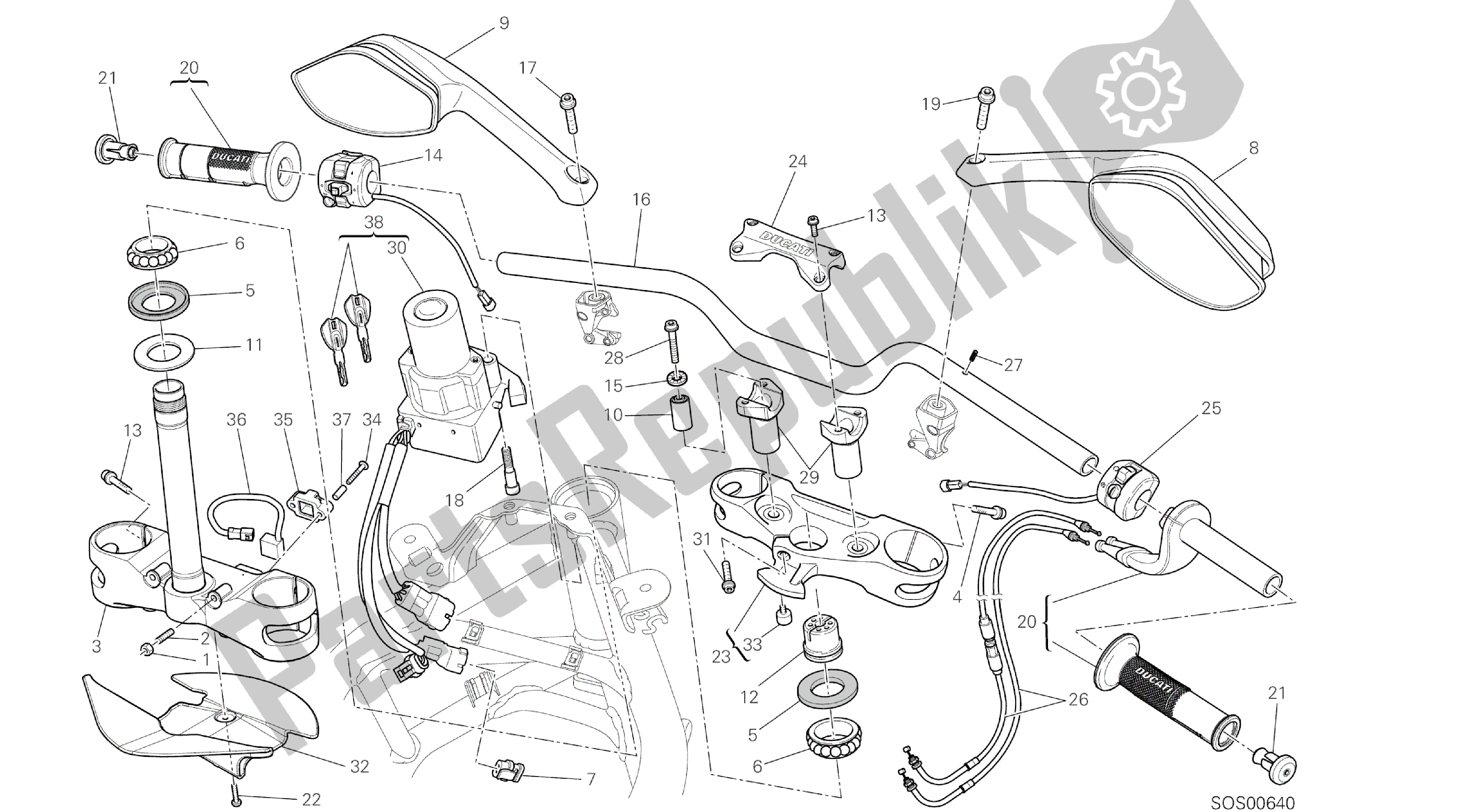 Todas las partes para Dibujo 021 - Manillar [mod: Ms1200pp; Xst: Marco De Grupo Aus, Eur, Fra, Jap, Tha] de Ducati Multistrada S Pikes Peak 1200 2014