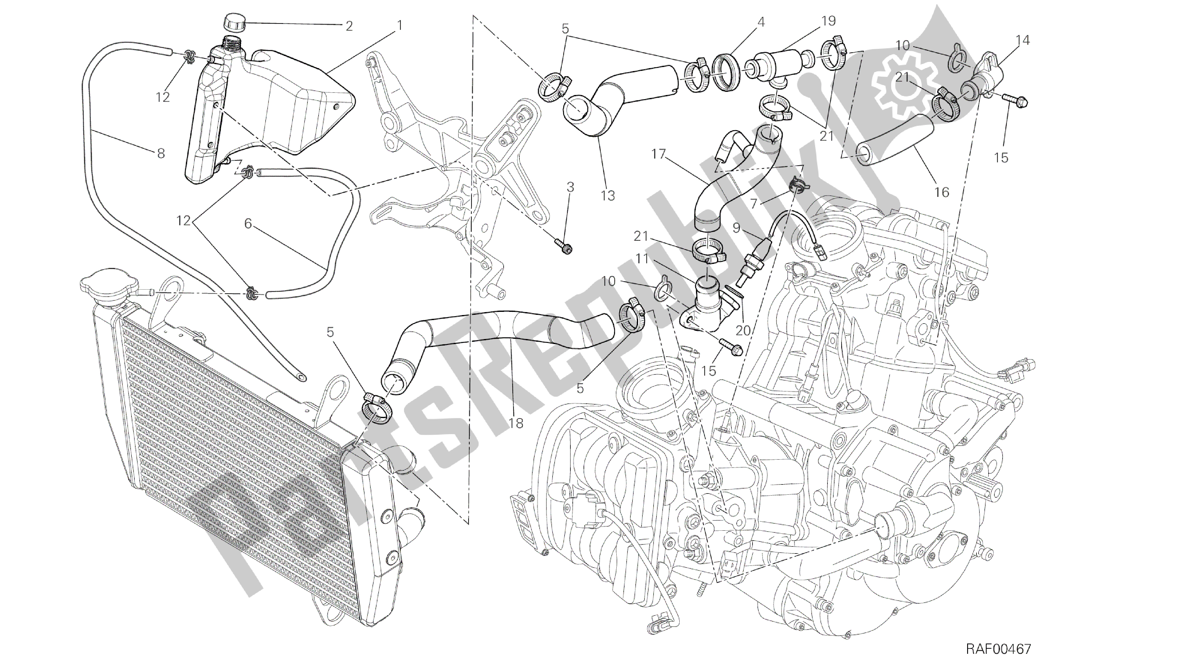 Tutte le parti per il Disegno 031 - Circuito Di Raffreddamento [mod: Ms1200st; Xst: Aus, Chn, Eur, Fra, Jap, Tha] Frame Del Gruppo del Ducati Multistrada S Touring 1200 2014