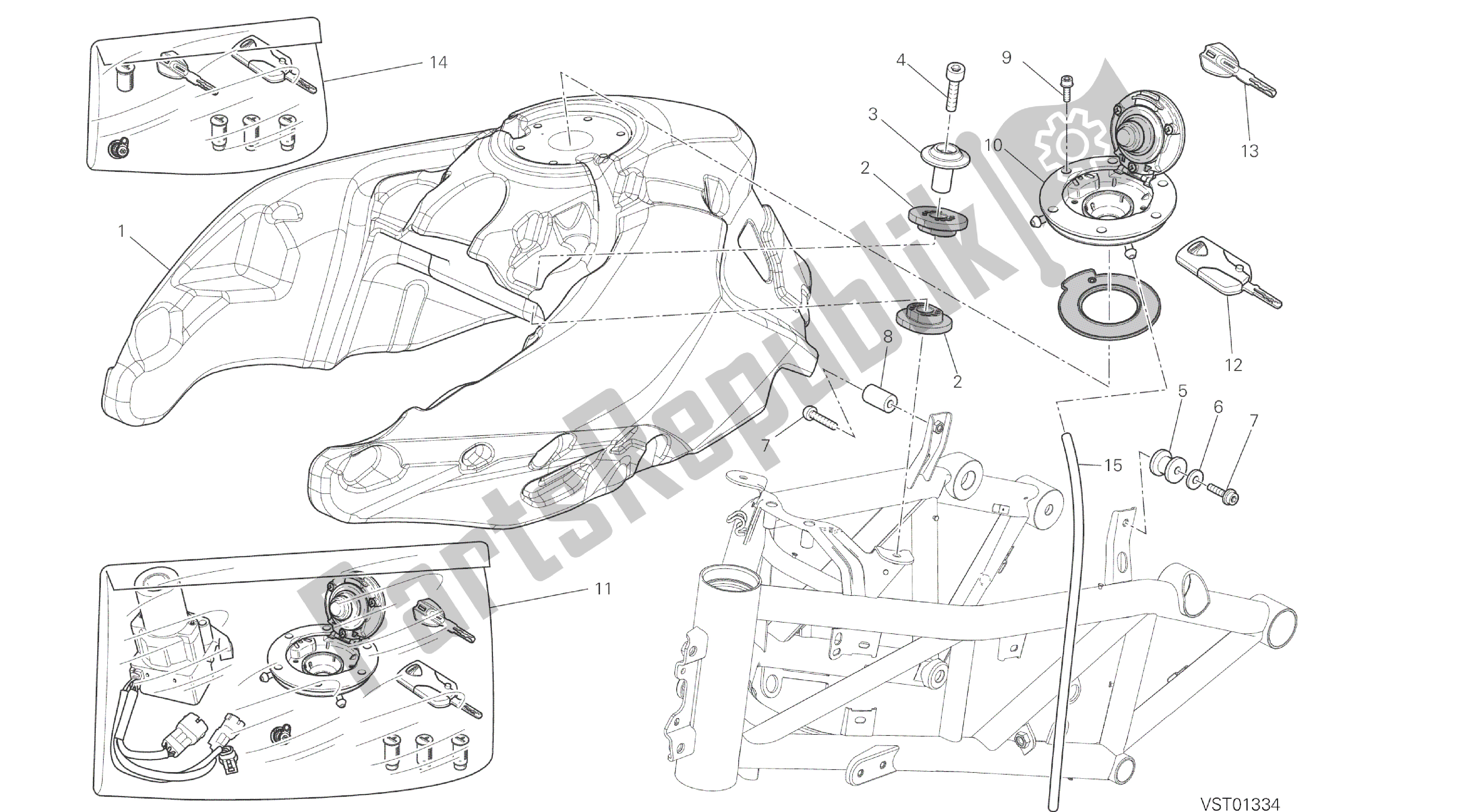 All parts for the Drawing 032 - Fuel Tank [mod:ms1200st;xst:chn,tha]group Frame of the Ducati Multistrada S Touring 1200 2014