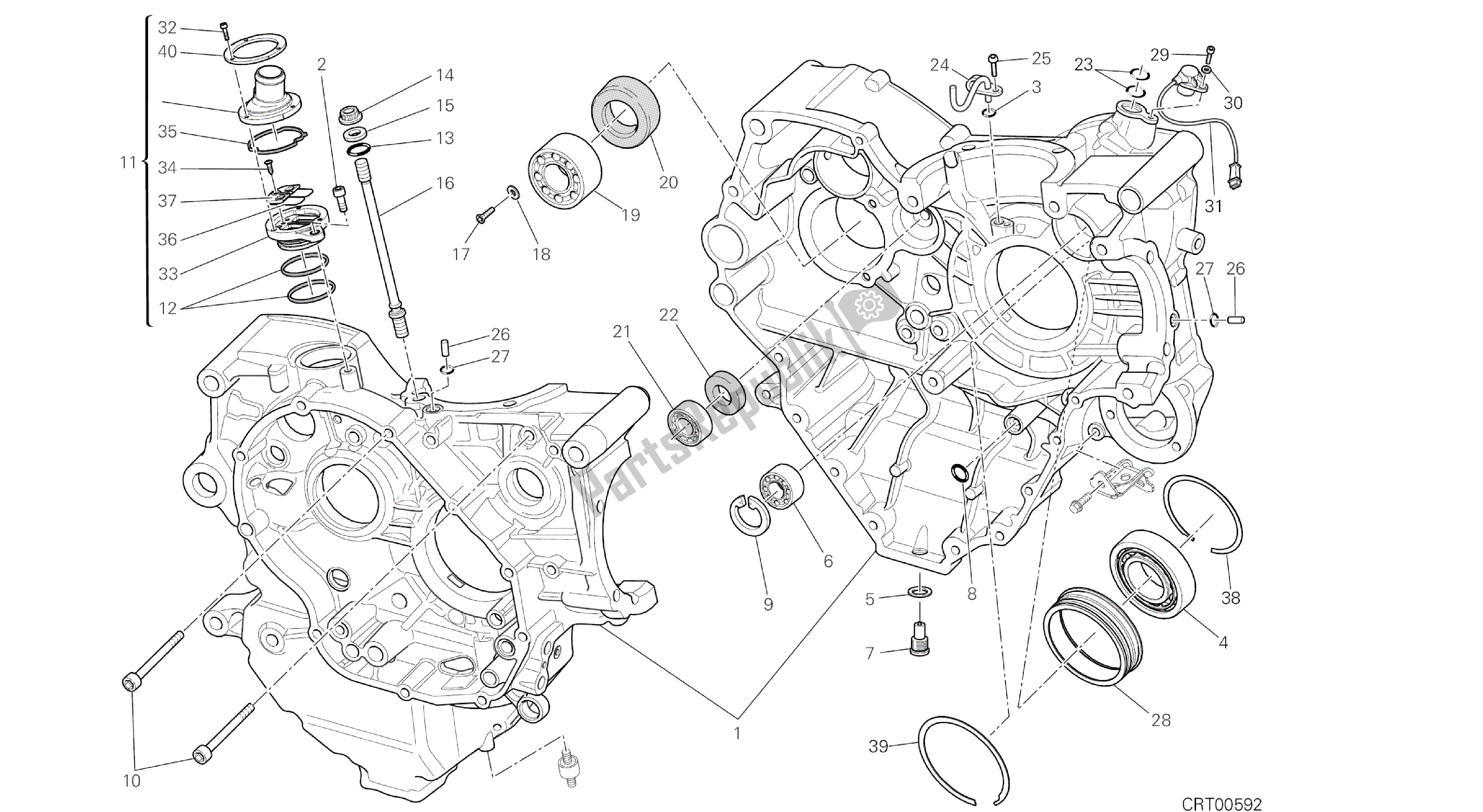 Tutte le parti per il Disegno 010 - Basamento Motore [mod: Ms1200st; Xst: Aus, Chn, Eur, Fra, Jap, Tha] Gruppo Motore del Ducati Multistrada S Touring 1200 2014