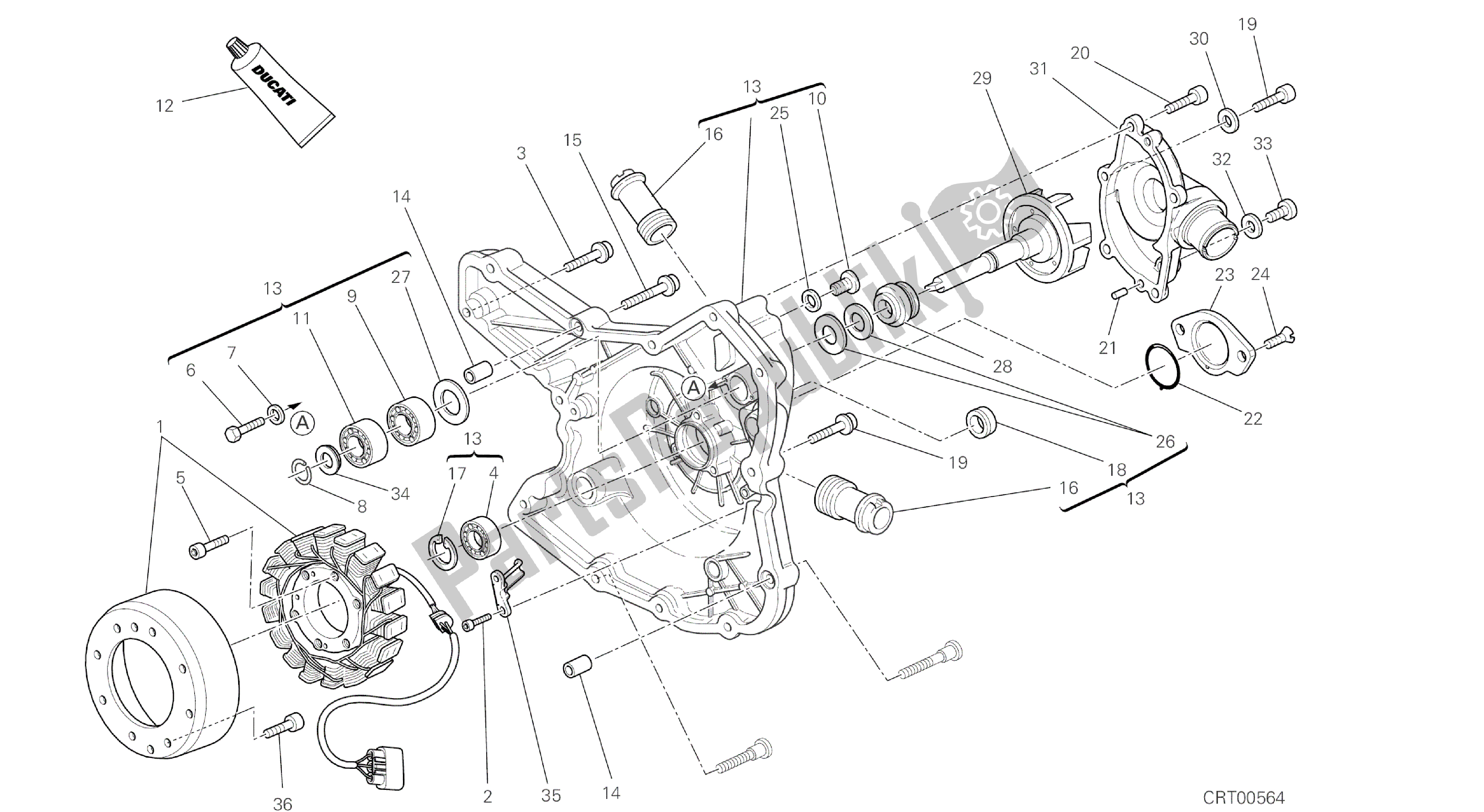 Tutte le parti per il Disegno 011 - Coperchio Del Generatore [mod: Ms1200st; Xst: Aus, Chn, Eur, Fra, Jap, Tha] Gruppo Motore del Ducati Multistrada S Touring 1200 2014