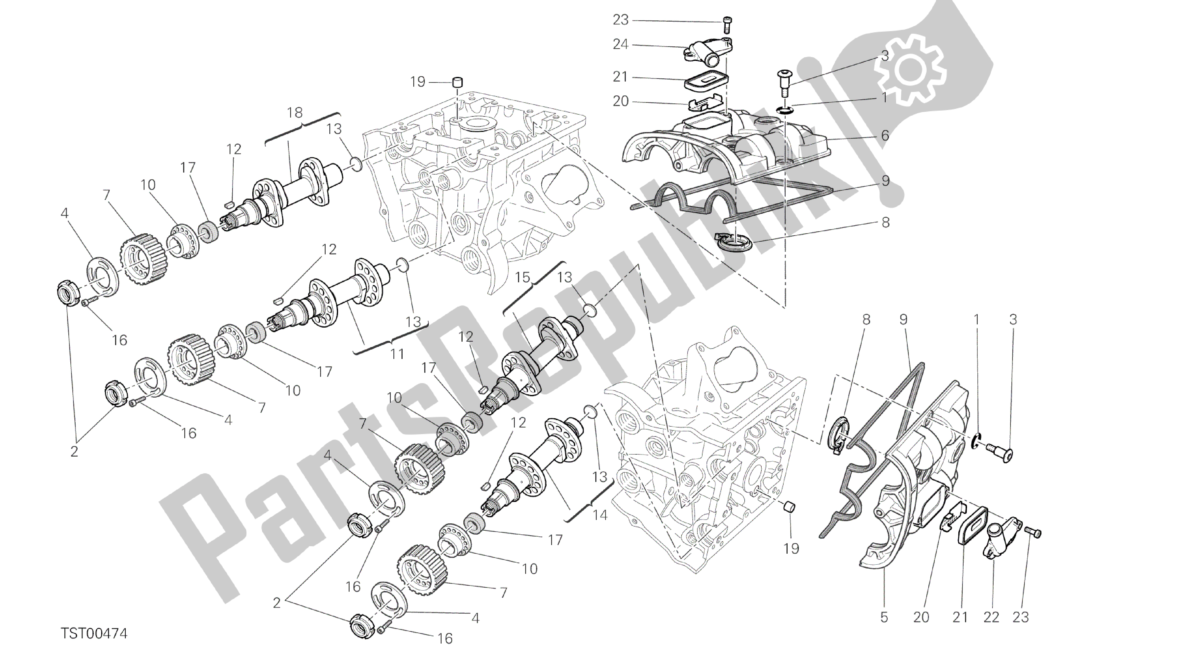 Tutte le parti per il Disegno 013 - Albero A Camme [mod: Ms1200st; Xst: Aus, Chn, Eur, Fra, Jap, Tha] Gruppo Motore del Ducati Multistrada S Touring 1200 2014