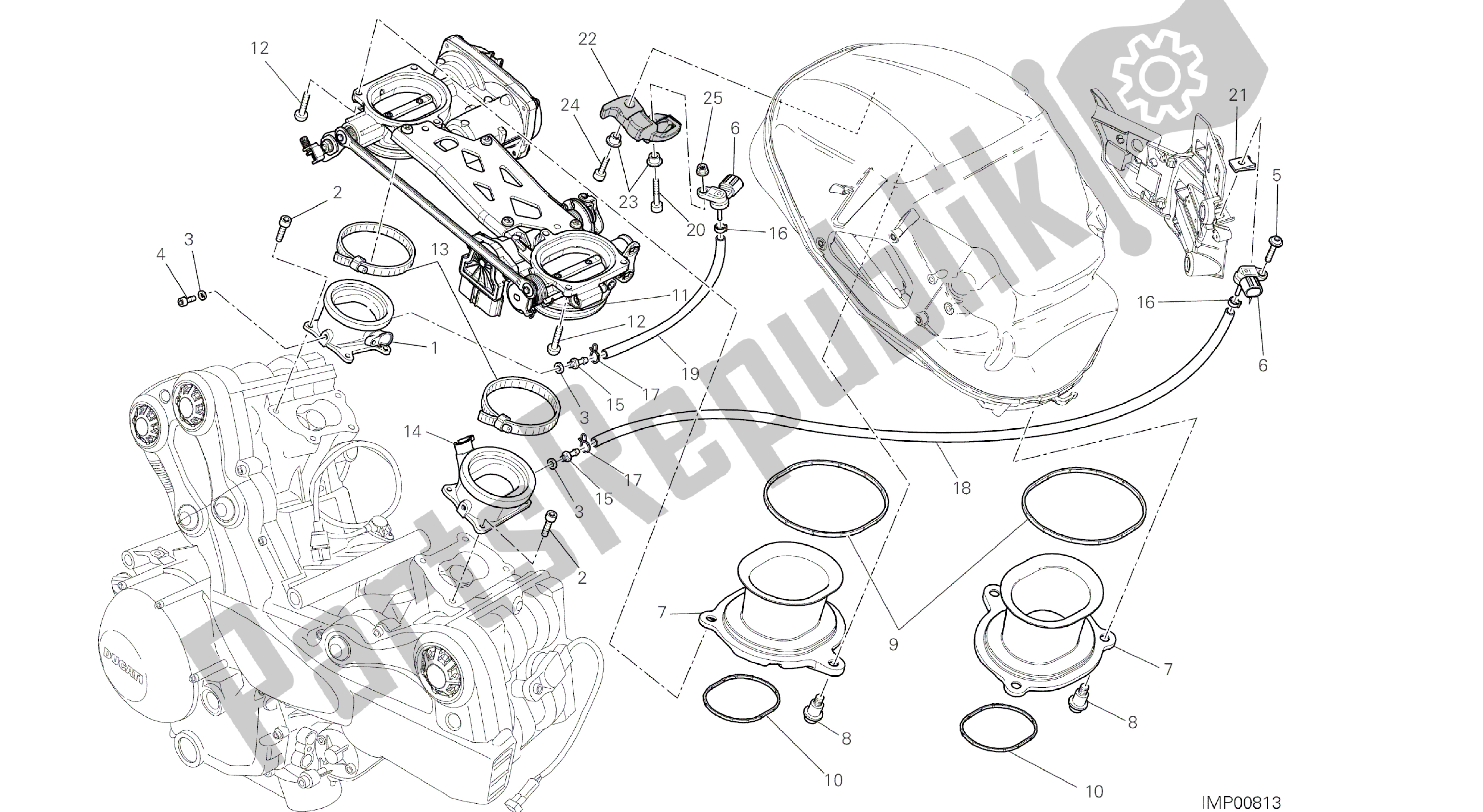 Tutte le parti per il Disegno 017 - Corpo Farfallato [mod: Ms1200st; Xst: Aus, Eur, Fra, Jap] Gruppo Motore del Ducati Multistrada S Touring 1200 2014