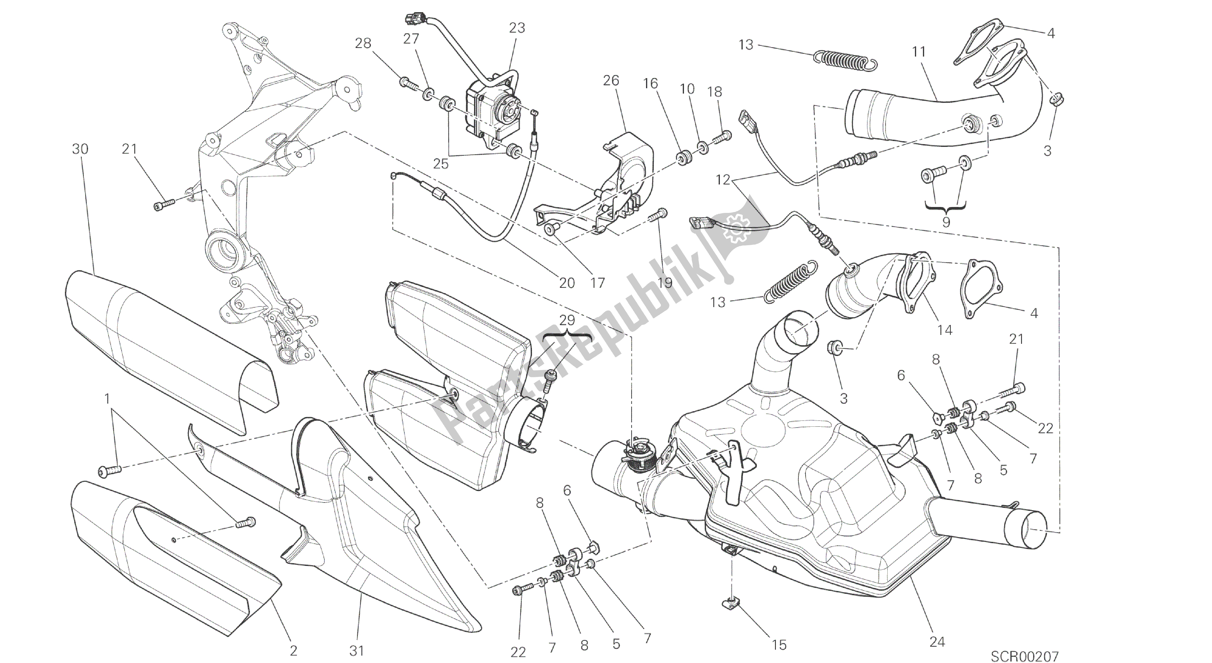 Todas las partes para Dibujo 019 - Sistema De Escape [mod: Ms1200st; Xst: Marco De Grupo Aus, Chn, Eur, Fra, Jap, Tha] de Ducati Multistrada S Touring 1200 2014
