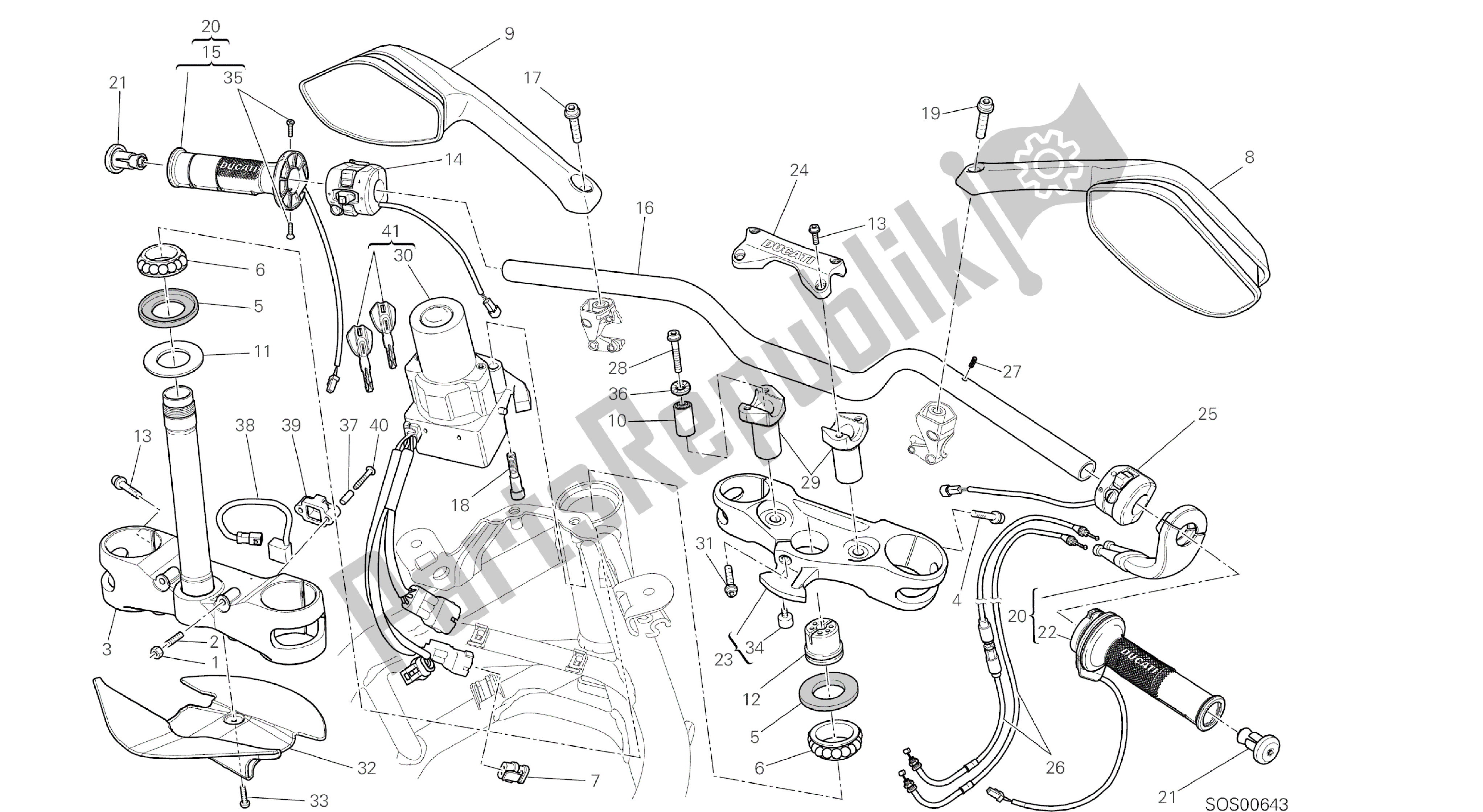 Wszystkie części do Rysunek 021 - Kierownica [mod: Ms1200st; Xst: Aus, Chn, Eur, Fra, Jap, Tha] Grupa Rama Ducati Multistrada S Touring 1200 2014