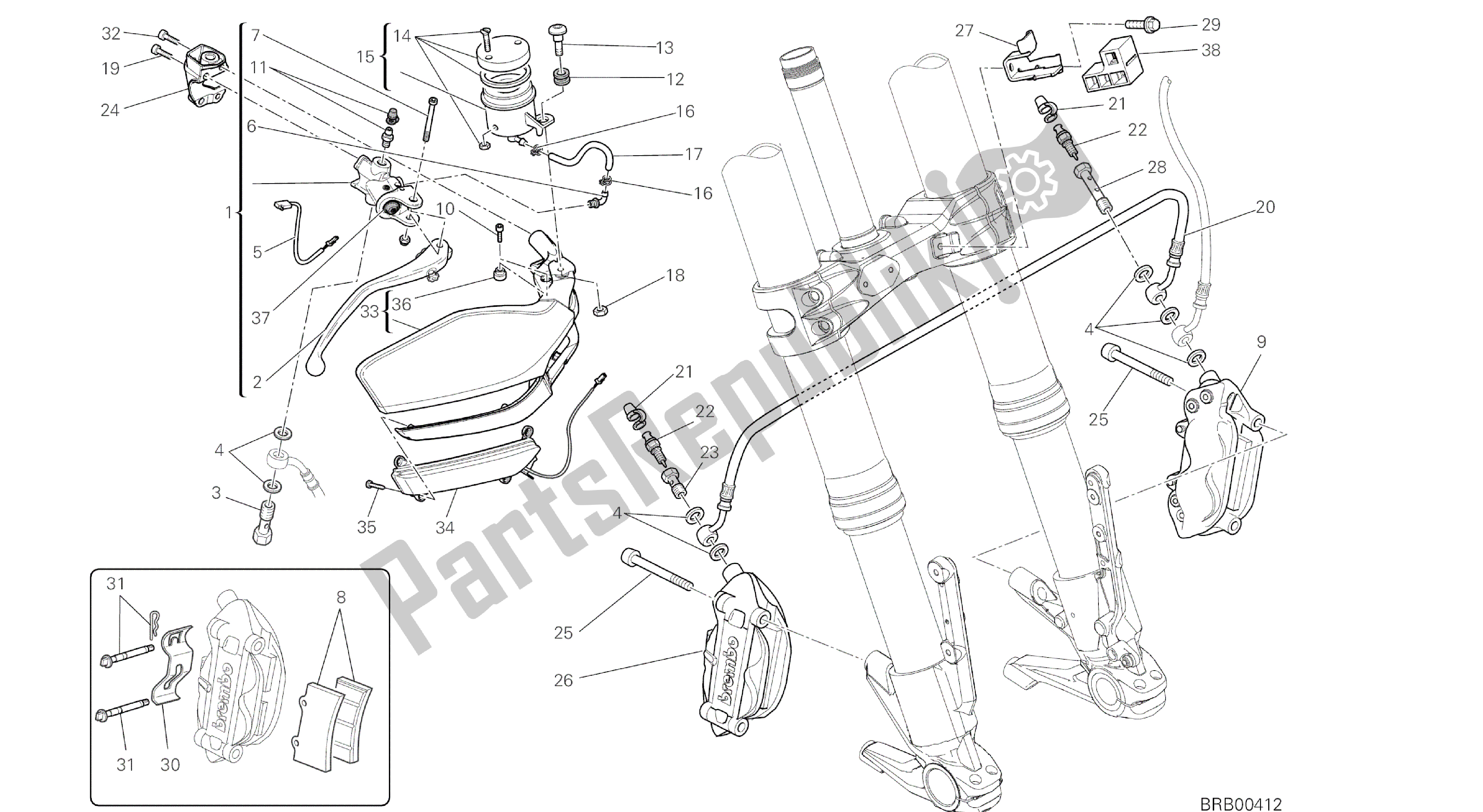 Toutes les pièces pour le Dessin 024 - Système De Freinage Avant [mod: Ms1200st; Xst: Aus, Chn, Eur, Fra, Jap, Tha] Cadre De Groupe du Ducati Multistrada S Touring 1200 2014