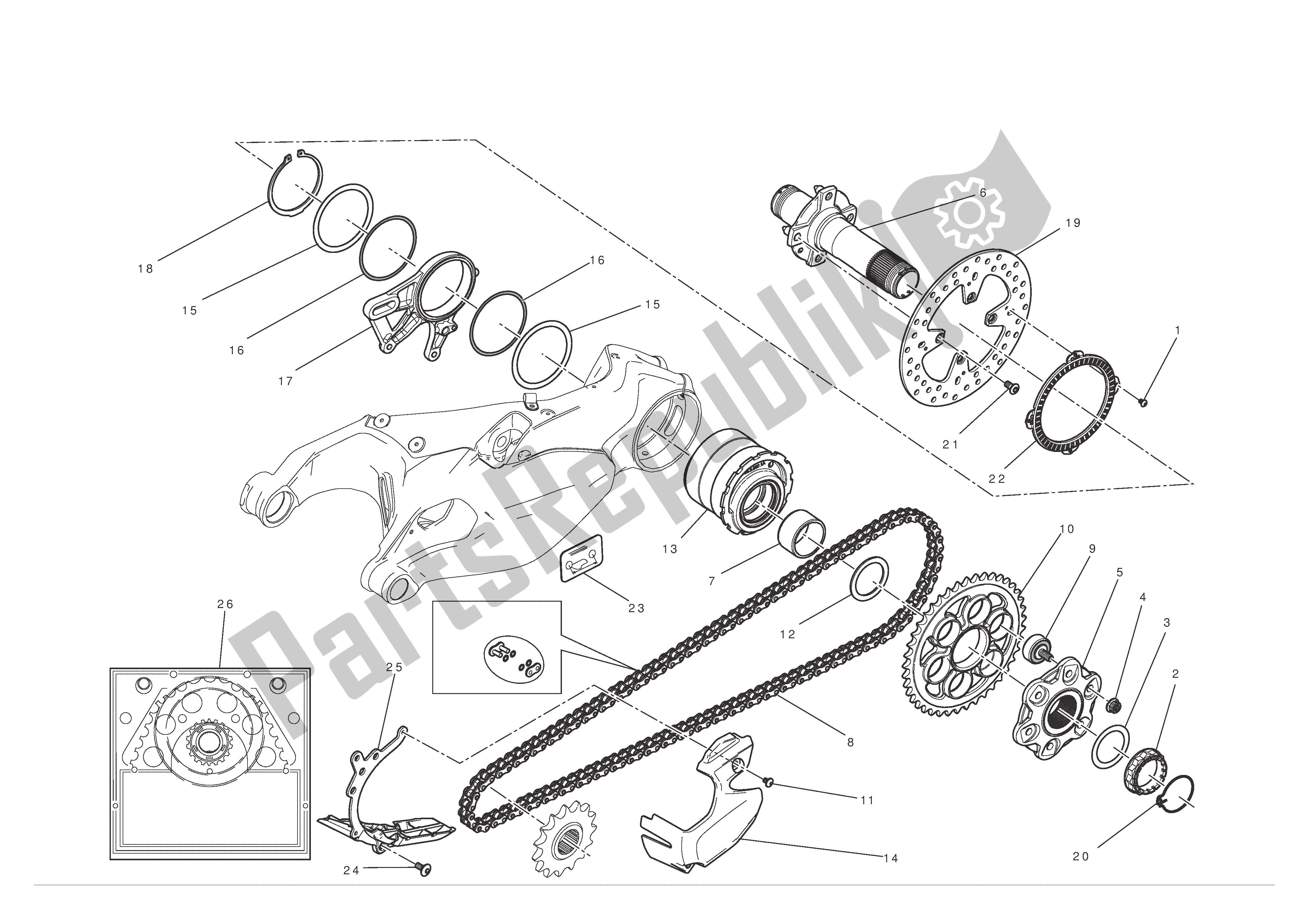 Alle onderdelen voor de Achterwielas van de Ducati 1199 Panigale 2012