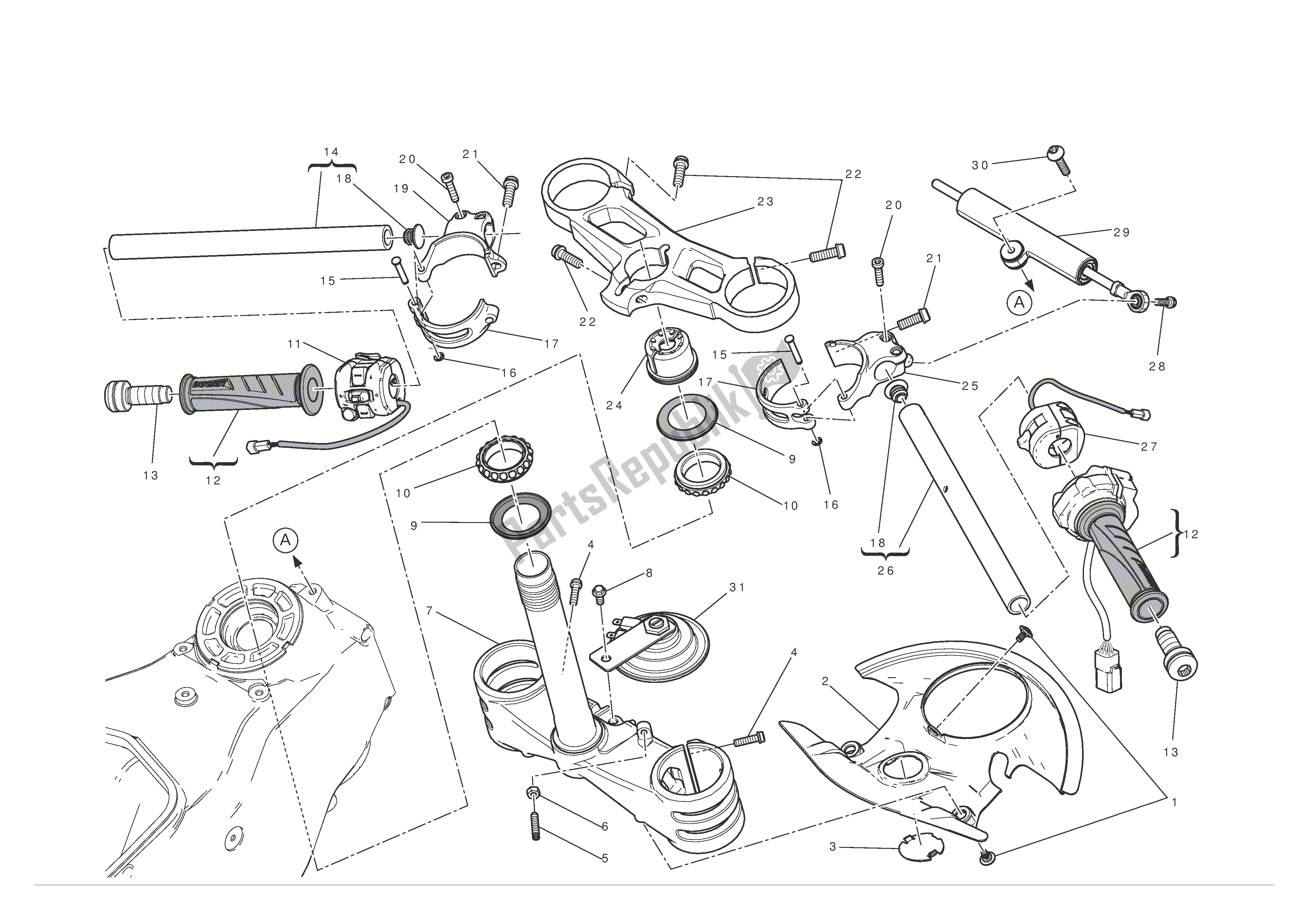 All parts for the Handlebars -shock-absorber of the Ducati 1199 Panigale 2012