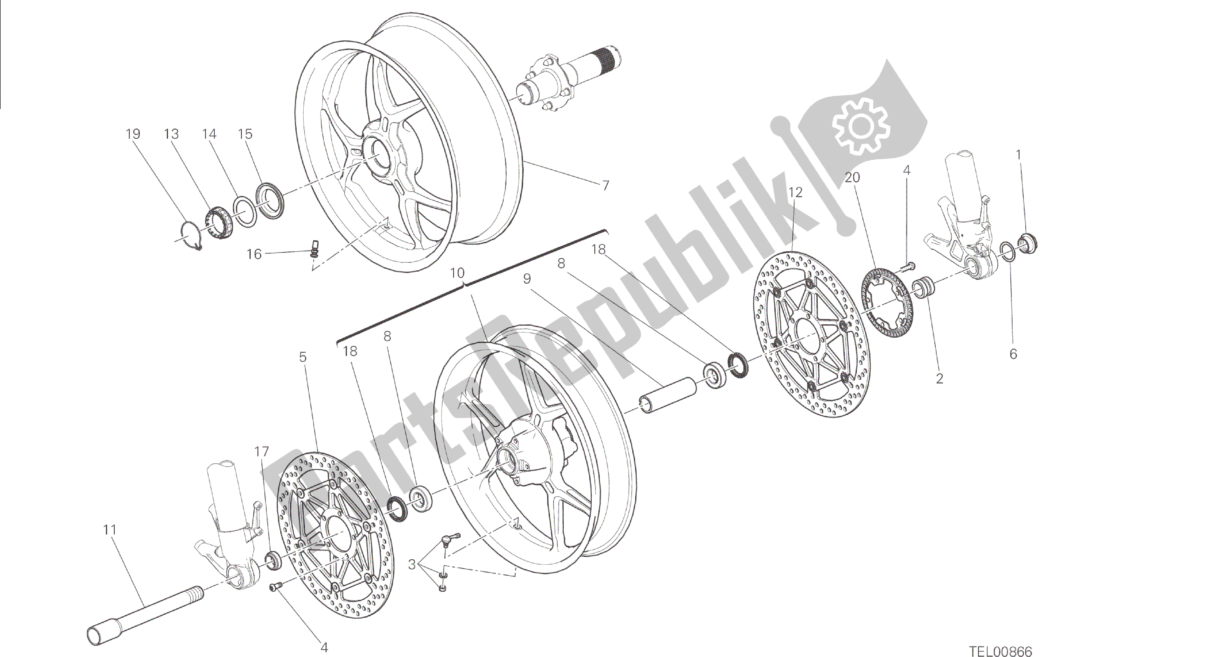 Alle onderdelen voor de Tekening 026 - Ruota Anteriore E Posteriore [mod: 1299; Xst: Aus, Eur, Fra, Jap, Twn] Groepsframe van de Ducati Panigale 1299 2015