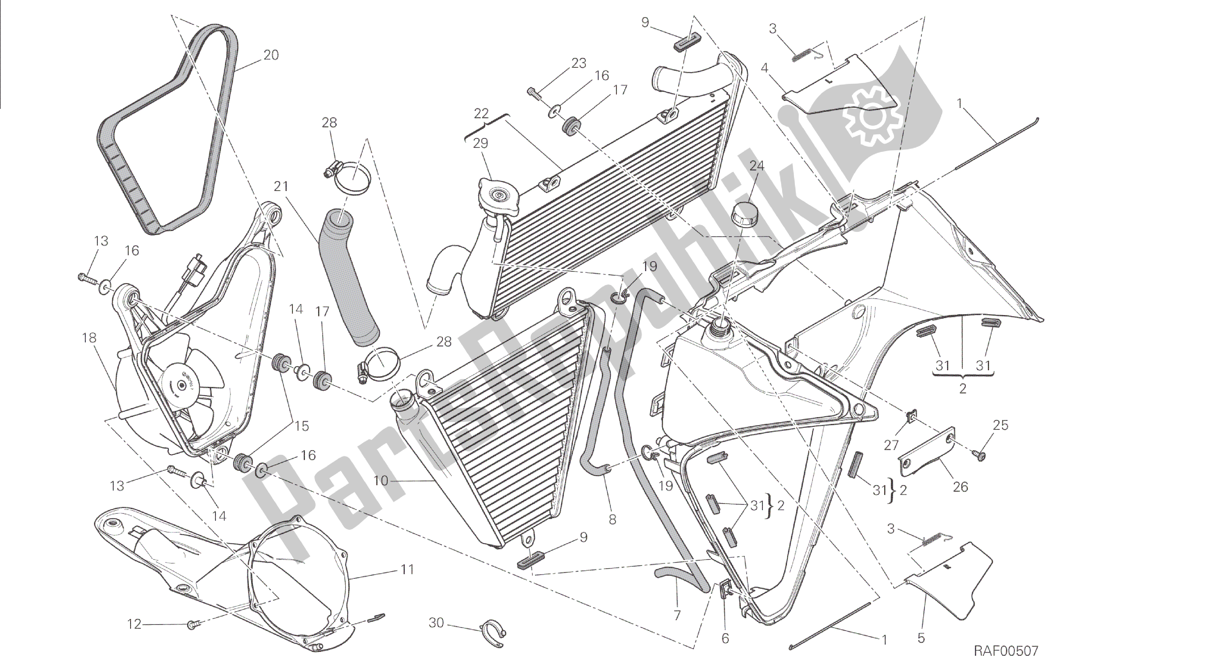 Alle onderdelen voor de Tekening 030 - Waterkoeler [mod: 1299; Xst: Aus, Eur, Fra, Jap, Twn] Groepsframe van de Ducati Panigale 1299 2015