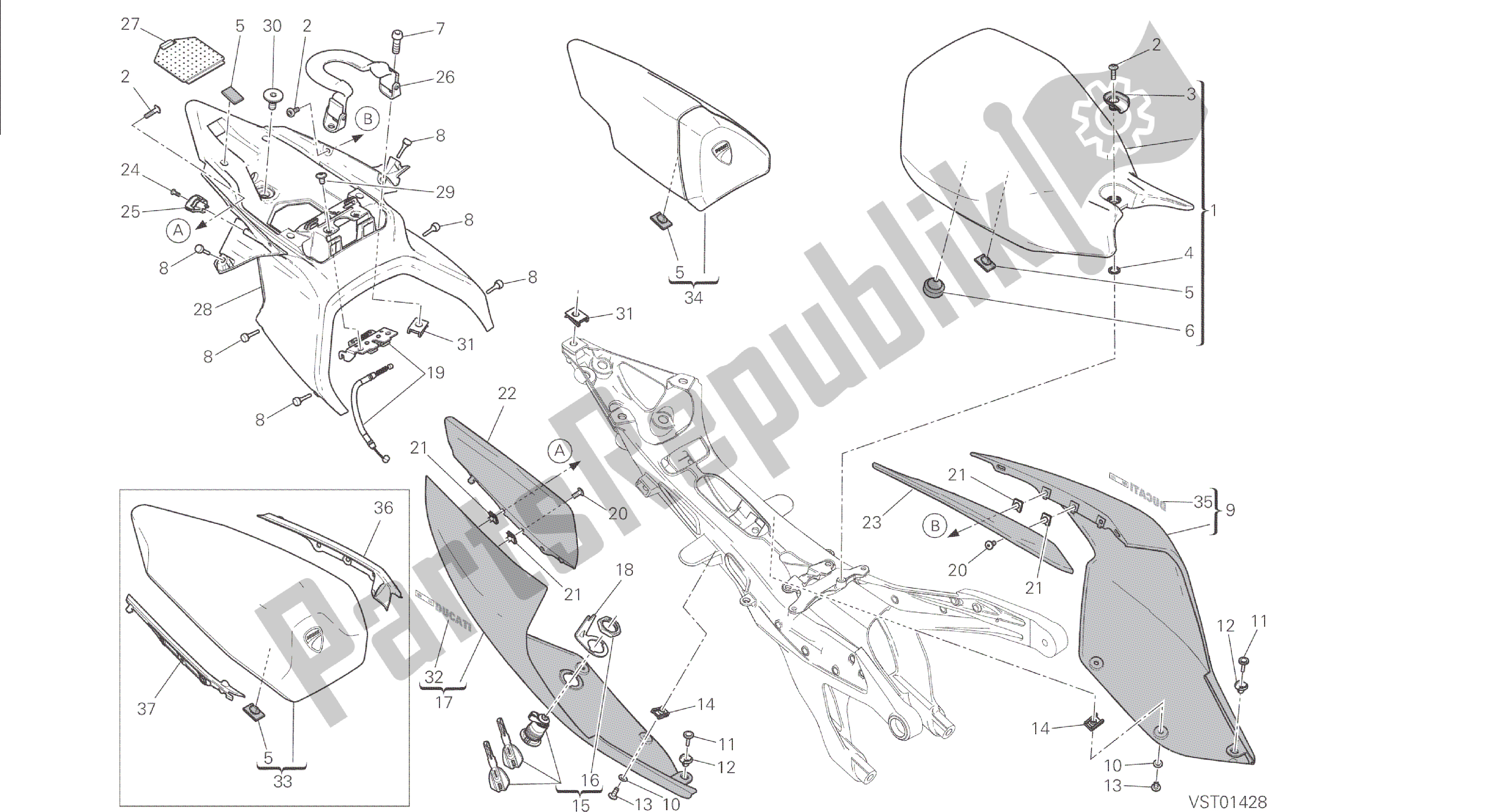 All parts for the Drawing 033 - Seat [mod:1299;xst:aus,eur,fra,jap,twn]group Frame of the Ducati Panigale 1299 2015