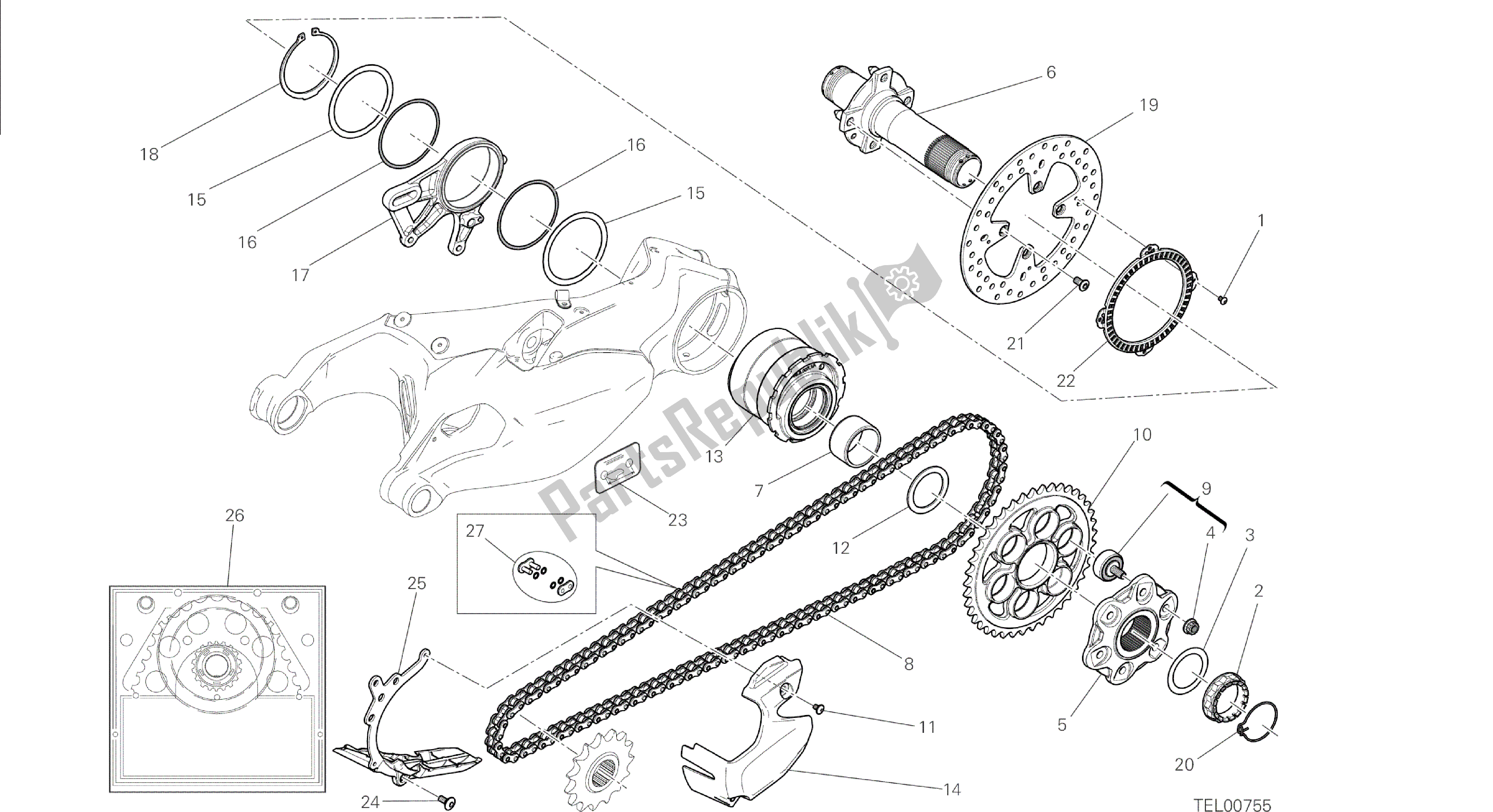 Alle onderdelen voor de Tekening 26a - Achterwielspindel [mod: 1299; Xst: Aus, Eur, Fra, Jap, Twn] Groepsframe van de Ducati Panigale 1299 2015