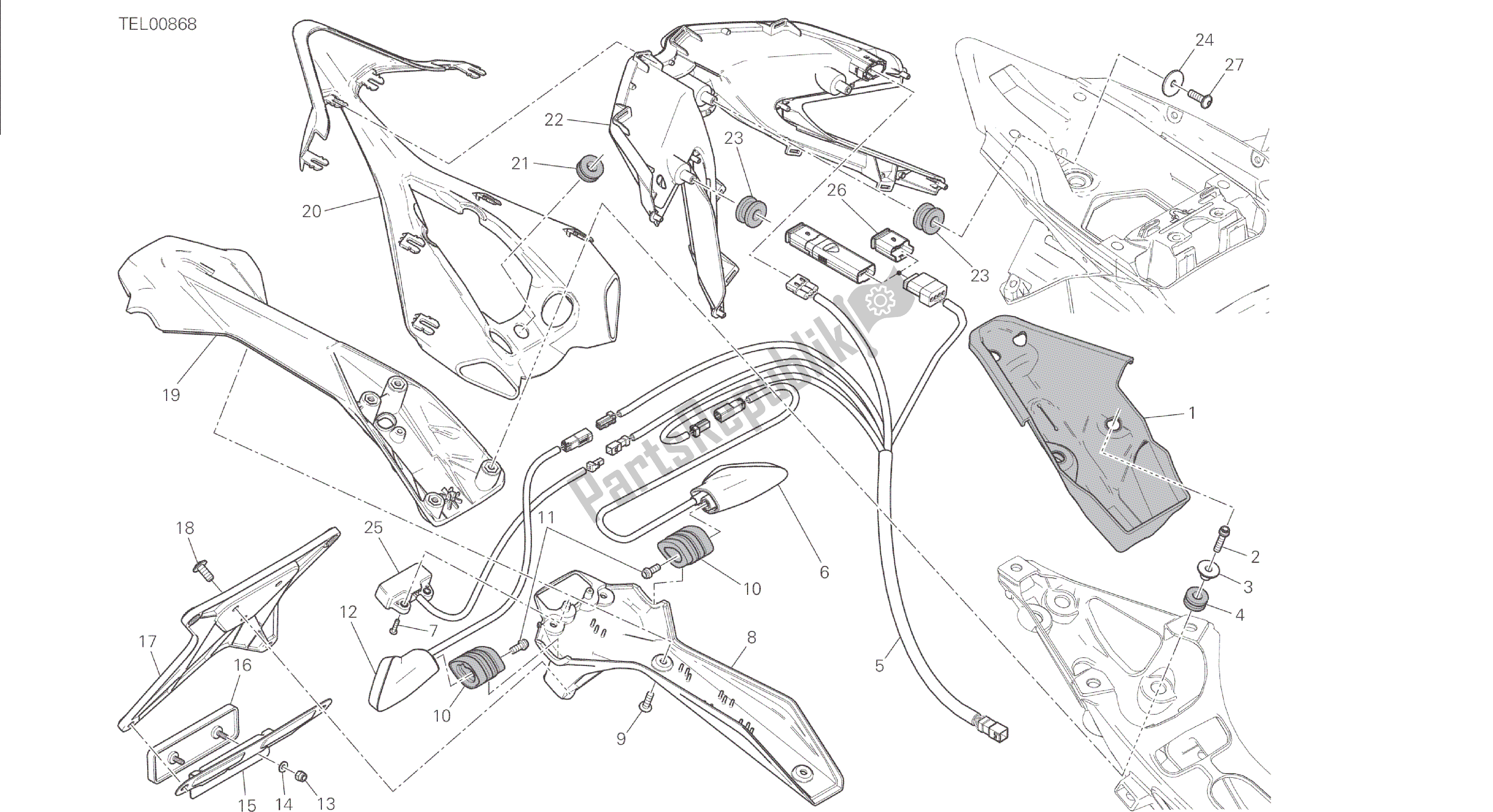 Todas las partes para Dibujo 27a - Soporte De Matrícula - Luz Trasera [mod: 1299; Xst: Marco De Grupo Eur, Fra, Jap, Twn] de Ducati Panigale 1299 2015