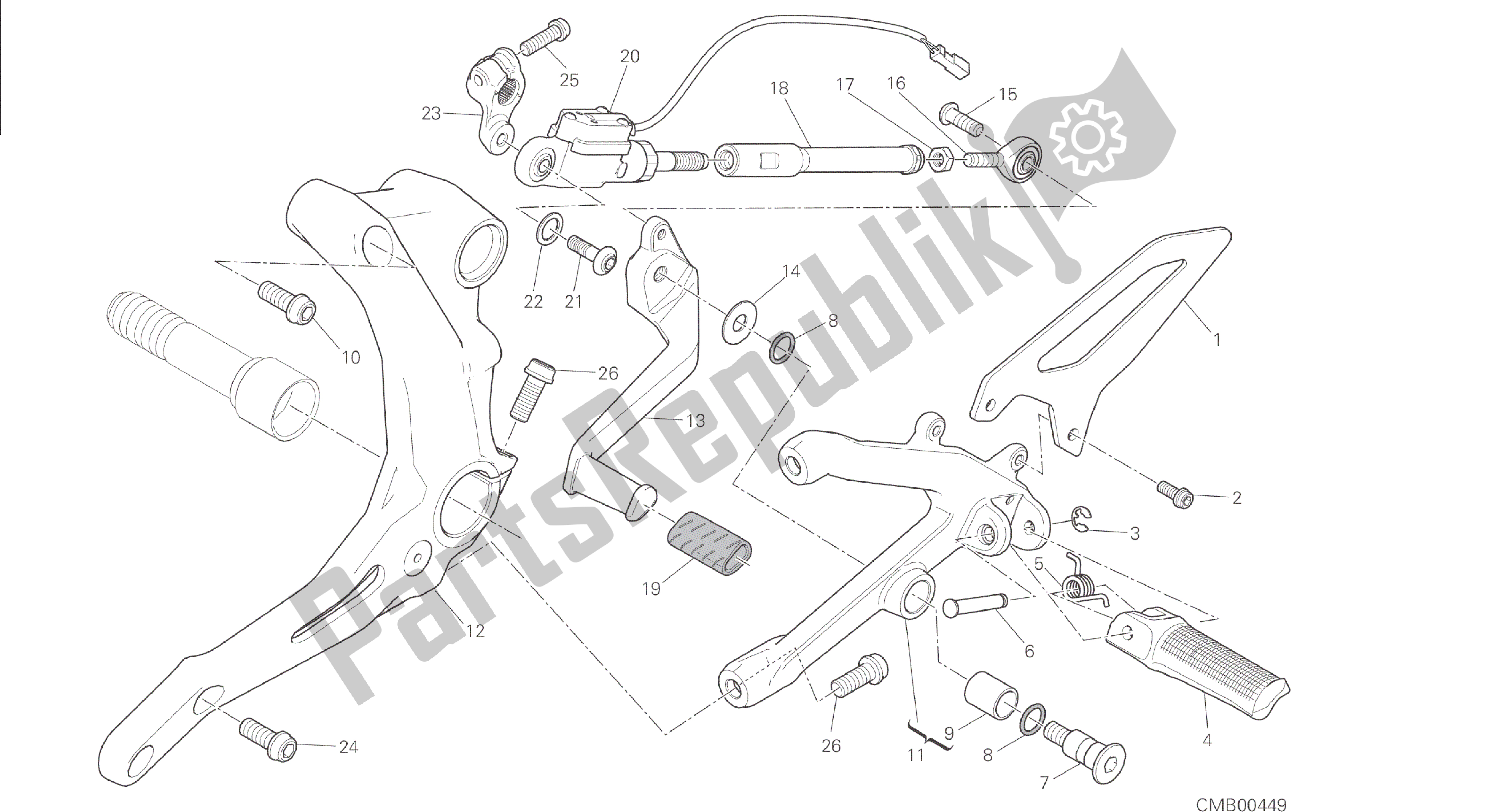 Todas las partes para Dibujo 016 - Reposapiés, Izquierda [mod: 1299; Xst: Marco De Grupo Aus, Eur, Fra, Jap, Twn] de Ducati Panigale 1299 2015