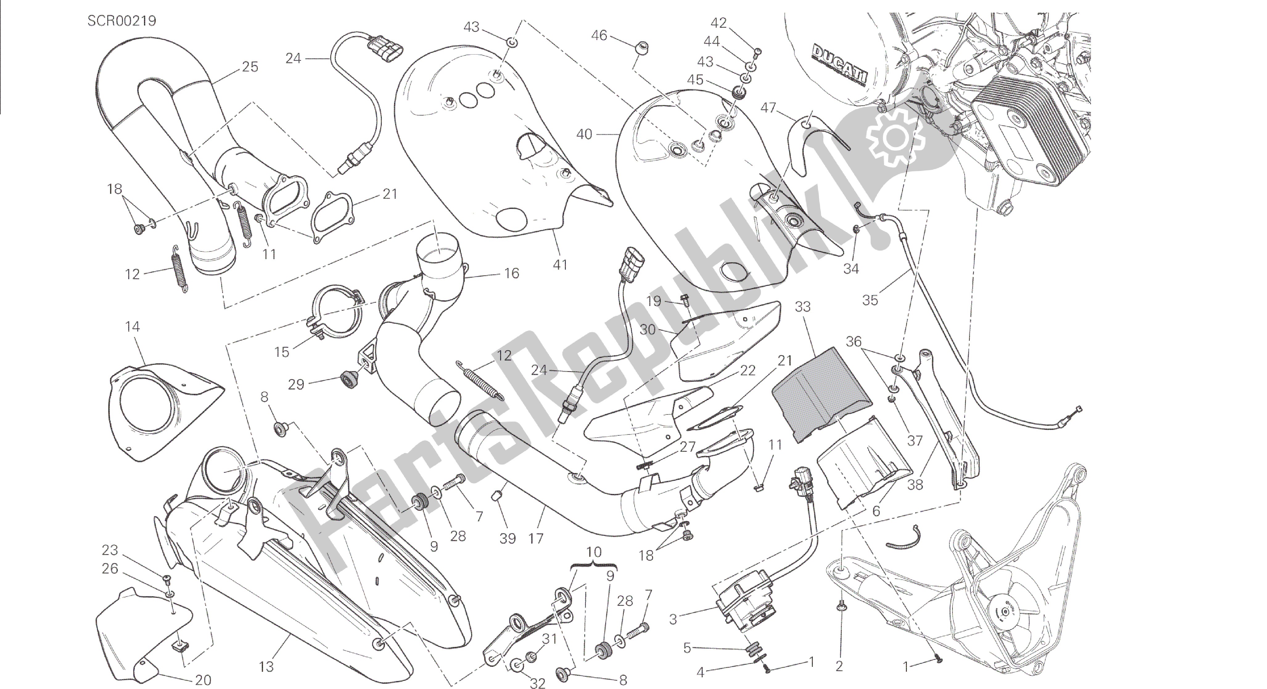 Todas las partes para Dibujo 019 - Gruppo Scarico [mod: 1299; Xst: Aus, Eur, Fra] Marco De Grupo de Ducati Panigale 1299 2015