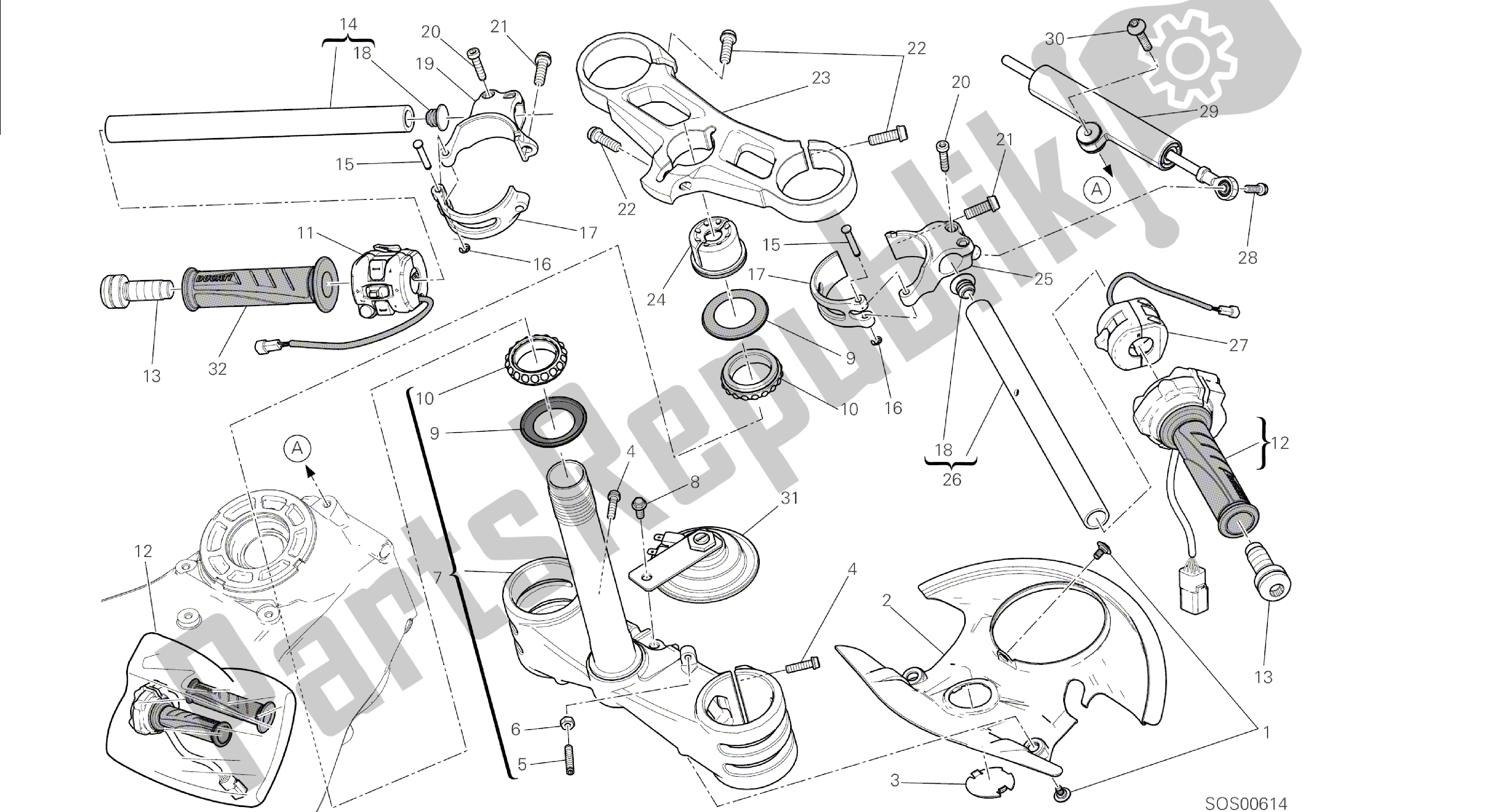 Alle onderdelen voor de Tekening 021 - Semimanubri - Ammortizzatore Di Sterzo [mod: 1299; Xst: Aus, Eur, Fra, Jap, Twn] Groepsframe van de Ducati Panigale 1299 2015