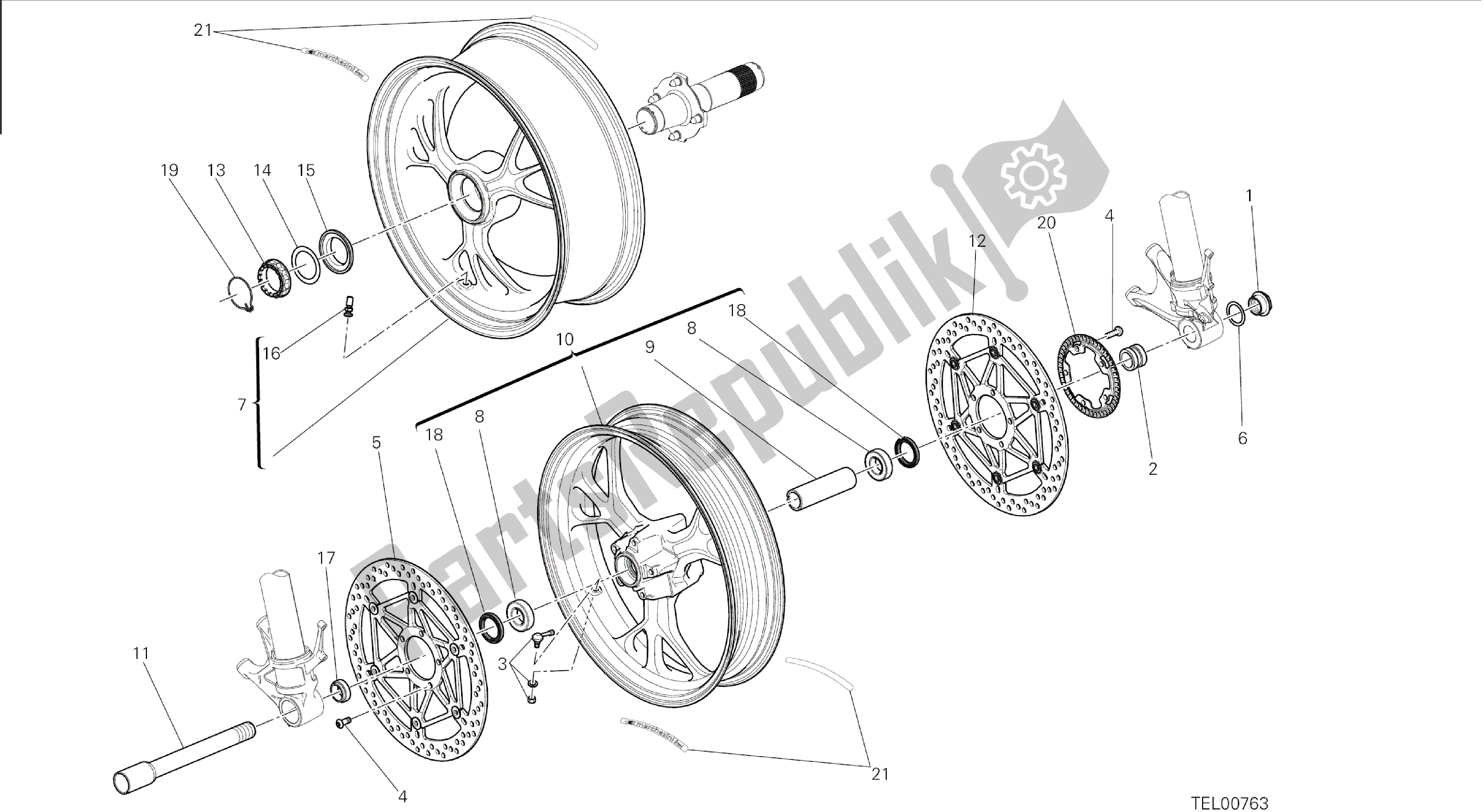 Alle onderdelen voor de Tekening 026 - Ruota Anteriore E Posteriore [mod: 1199r; Xst: Aus, Eur, Fra, Jap, Twn] Groepsframe van de Ducati Panigale 1198 2015