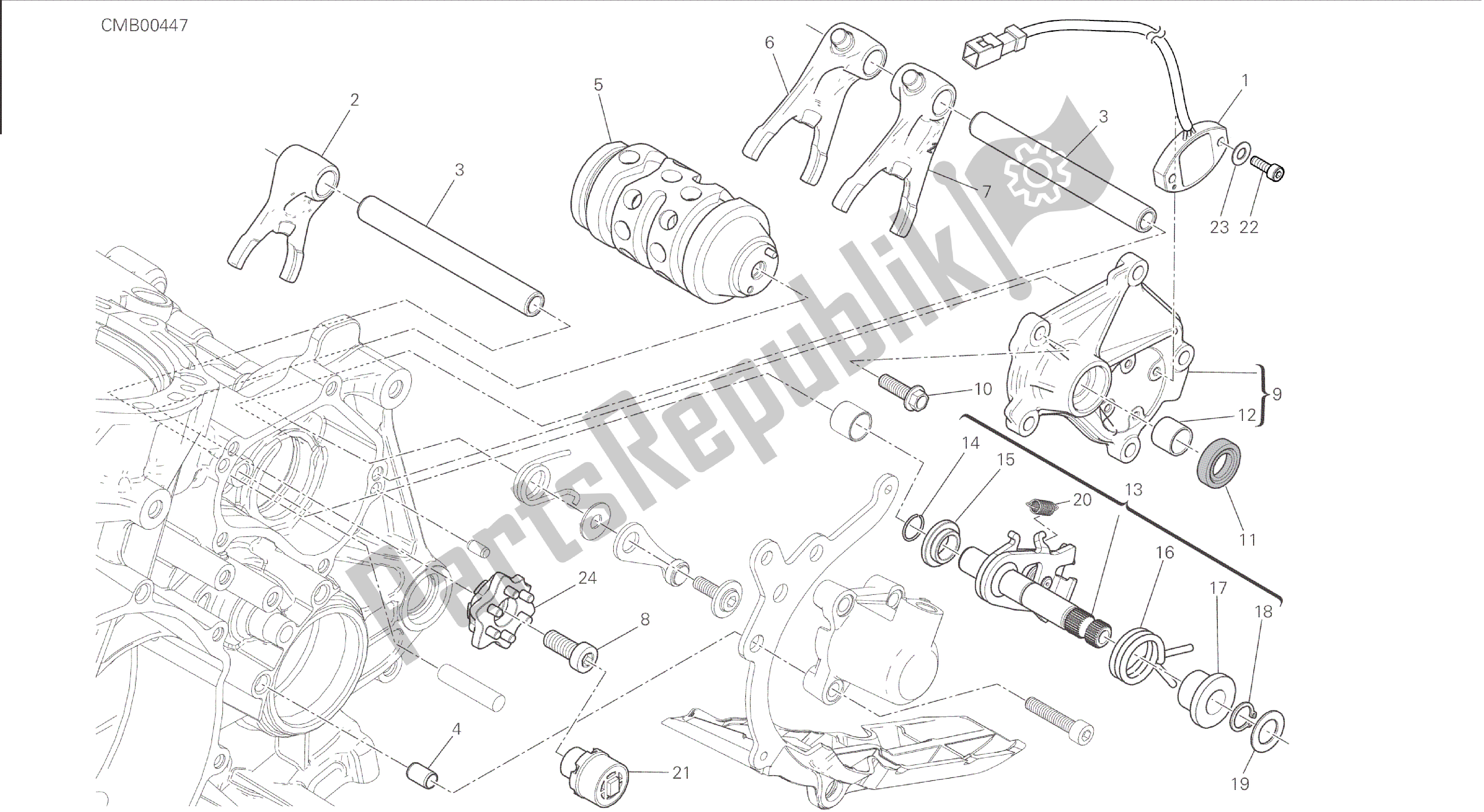 Alle onderdelen voor de Tekening 002 - Gearchange Control [mod: 1199 R; Xst: Aus, Eur, Fra, Jap, Twn] Groep Engine van de Ducati Panigale 1198 2015