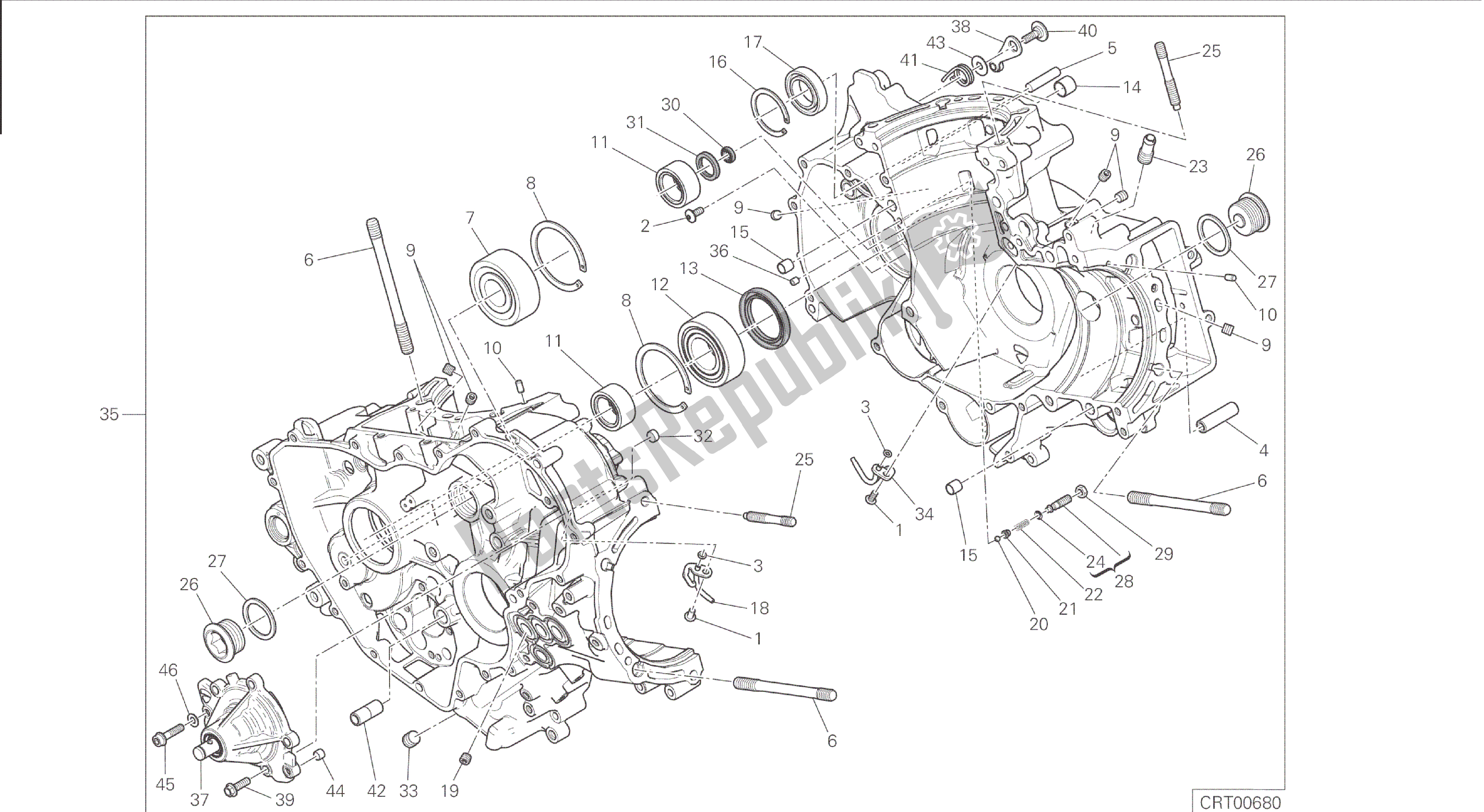 Todas as partes de Desenho 010 - Par De Meio Cárteres [mod: 1199 R; Xst: Aus, Eur, Fra, Jap, Twn] Motor De Grupo do Ducati Panigale 1198 2015