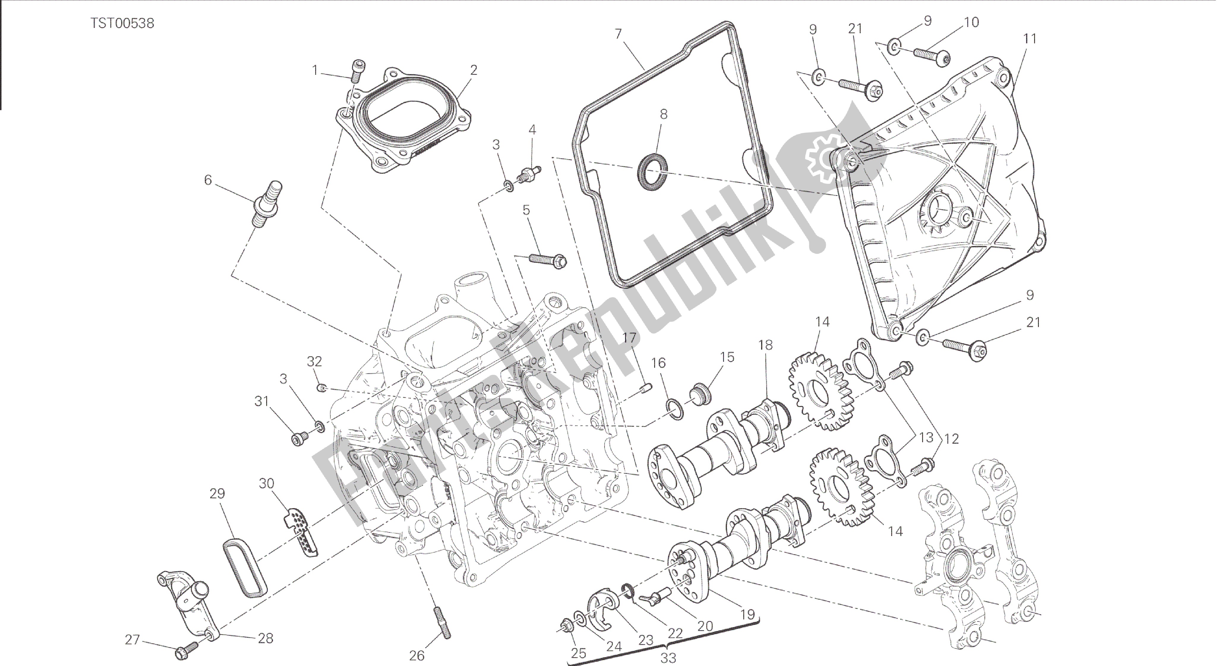 Alle onderdelen voor de Tekening 013 - Testa Orizzontale - Distribuzione [mod: 1199r; Xst: Aus, Eur, Fra, Jap] Groepsmotor van de Ducati Panigale 1198 2015