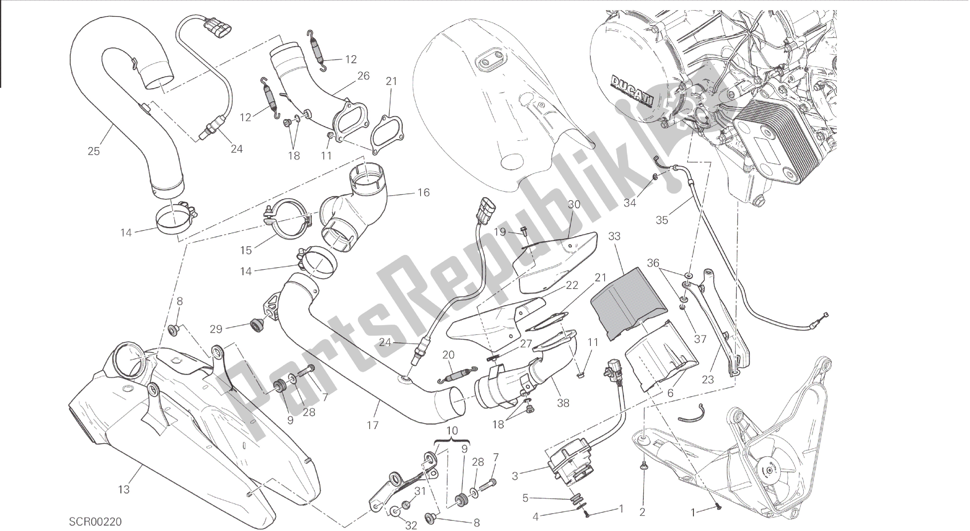 Todas las partes para Dibujo 019 - Gruppo Scarico [mod: 1199 R; Xst: Marco De Grupo Aus, Eur, Fra, Jap, Twn] de Ducati Panigale 1198 2015