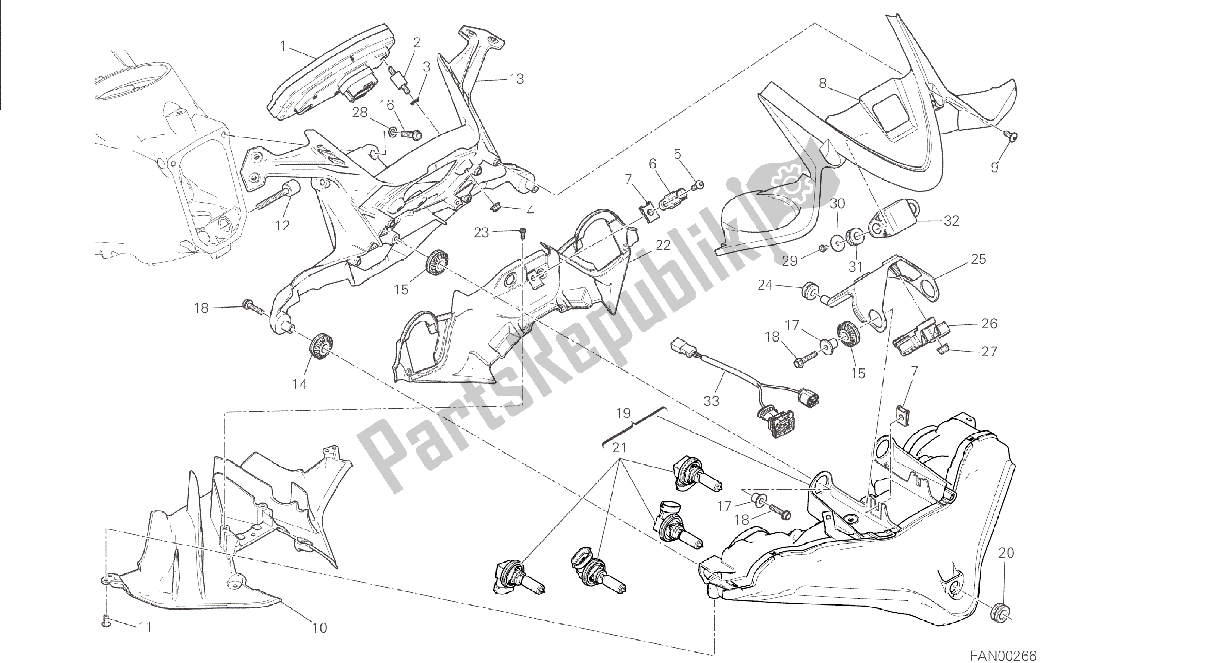 Alle onderdelen voor de Tekening 020 - Fanale Anteriore E Cruscotto [mod: 1199r; Xst: Aus, Eur, Fra, Jap, Twn] Groepsframe van de Ducati Panigale 1198 2015