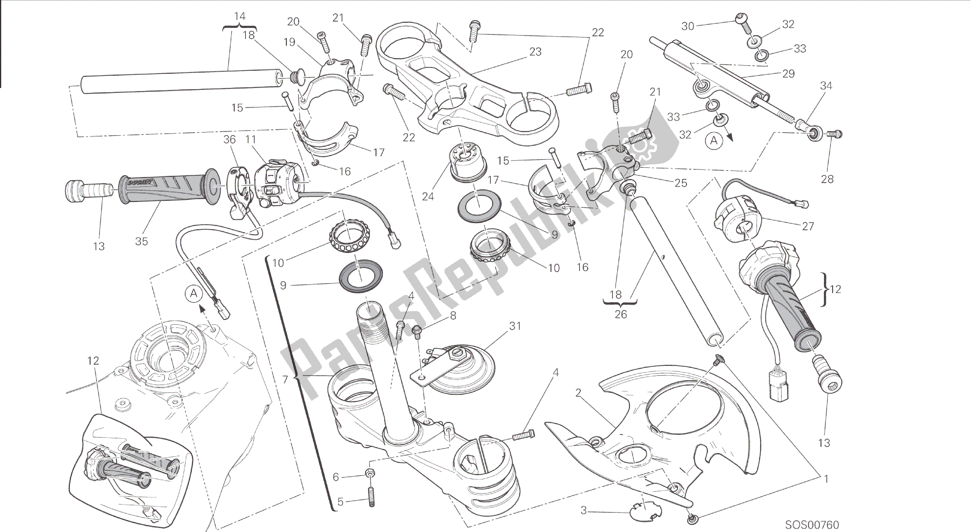 Todas las partes para Dibujo 021 - Semimanubri - Ammortizzatore Di Sterzo [mod: 1199r; Xst: Marco De Grupo Aus, Eur, Fra, Jap, Twn] de Ducati Panigale 1198 2015